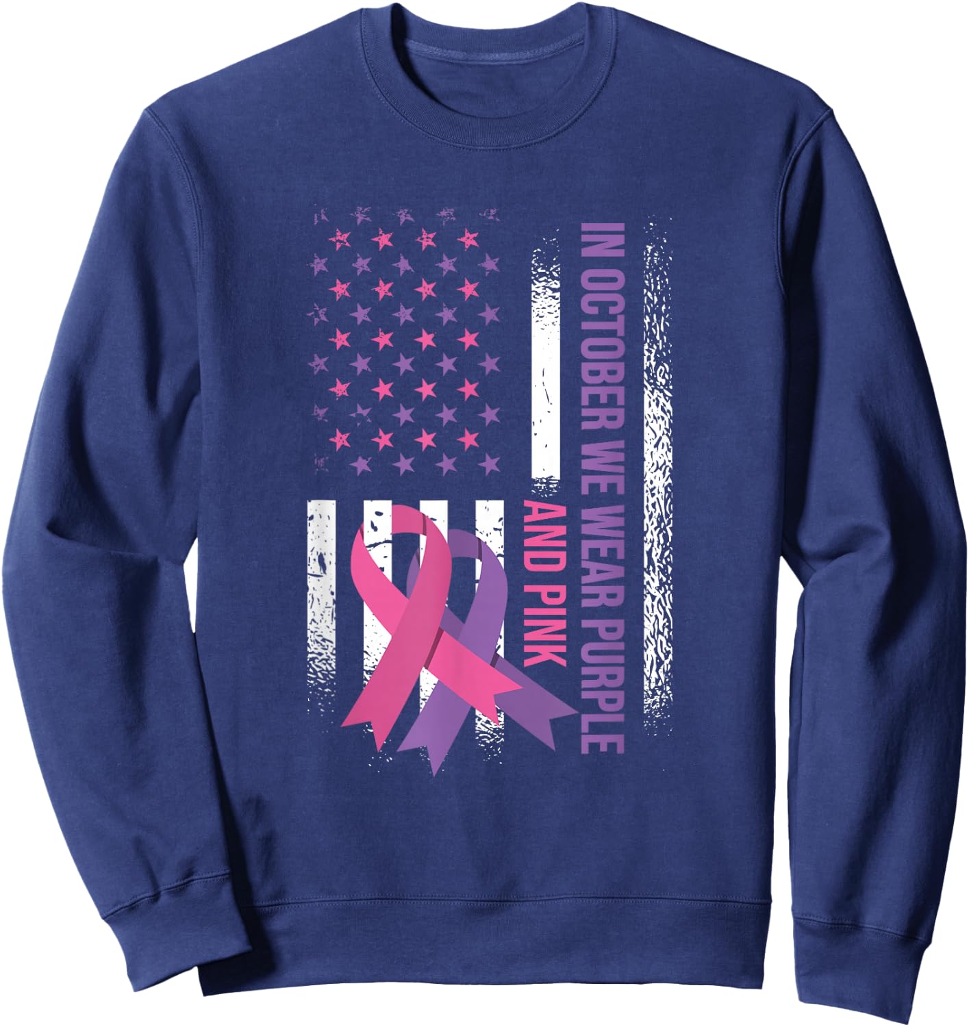 American Flag Breast Cancer and Domestic Violence Awareness Sweatshirt - Sweatshirt | Navy