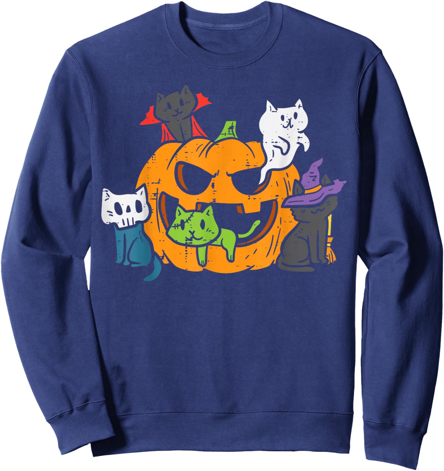 Vampire Ghost Zombie Witch Cats In Pumpkin Cute Halloween Sweatshirt - Sweatshirt | Navy
