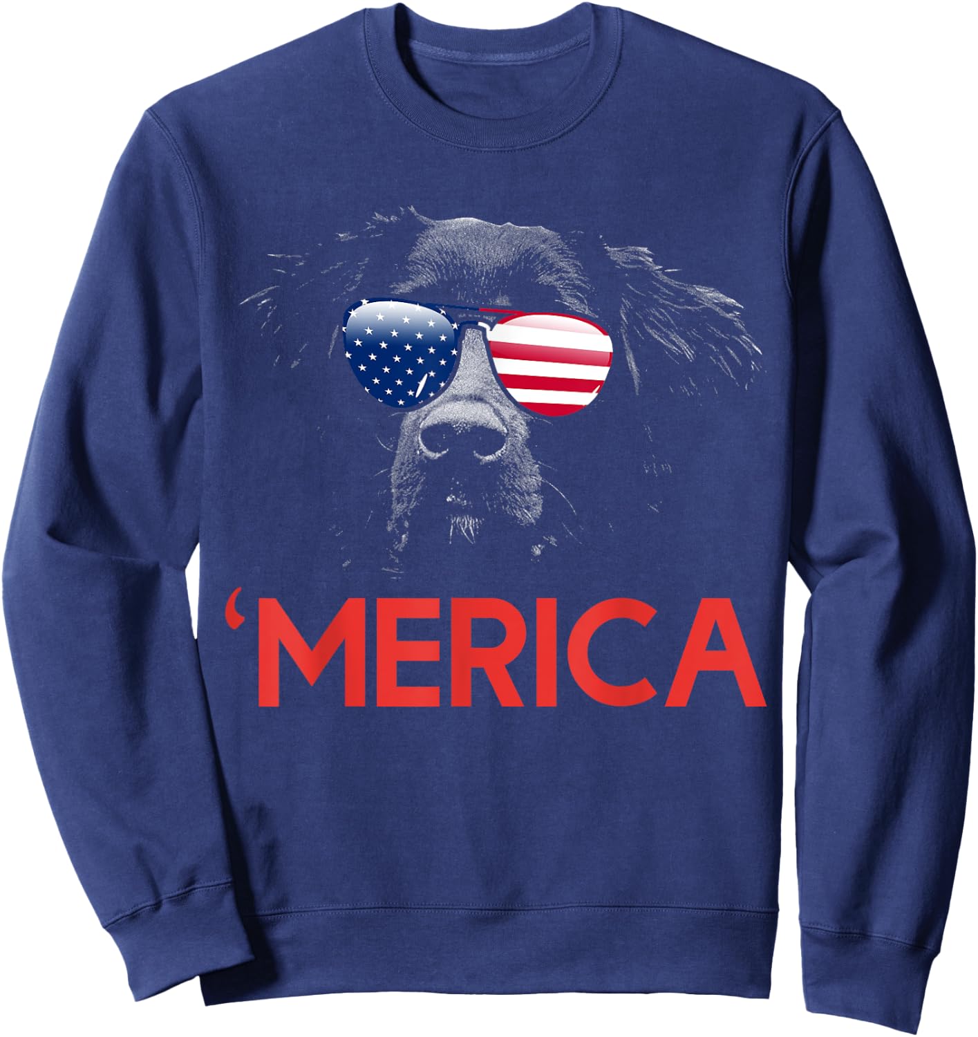 Merica Flat Coated Retriever American Flag 4th of July Sweatshirt - Sweatshirt | Navy