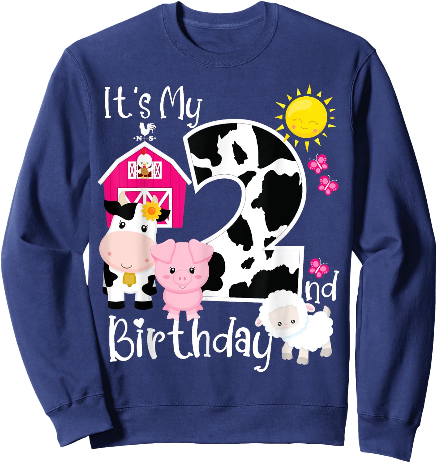 Farm Animals 2 Year Old It's My 2nd Birthday Party Bday Girl Sweatshirt - Sweatshirt | Navy