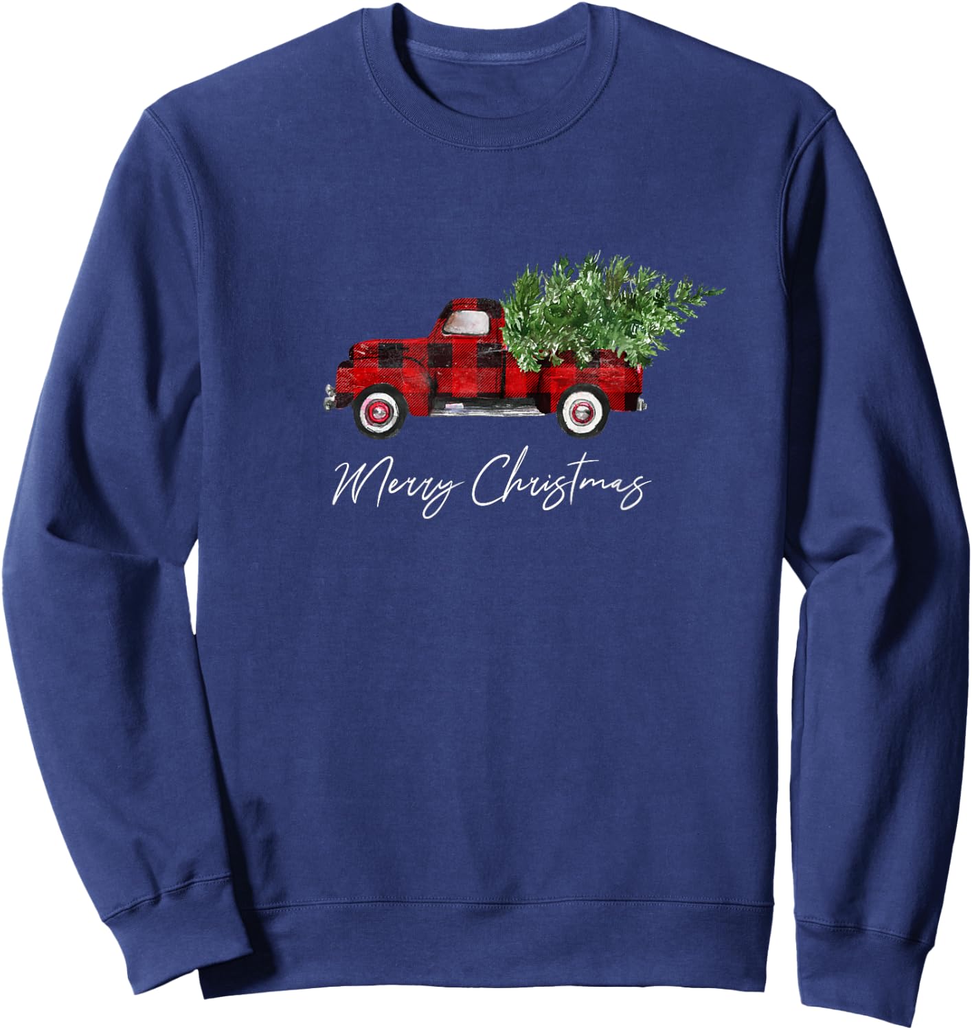 Merry Christmas Tree on Buffalo Plaid Truck Sweatshirt - Sweatshirt | Navy