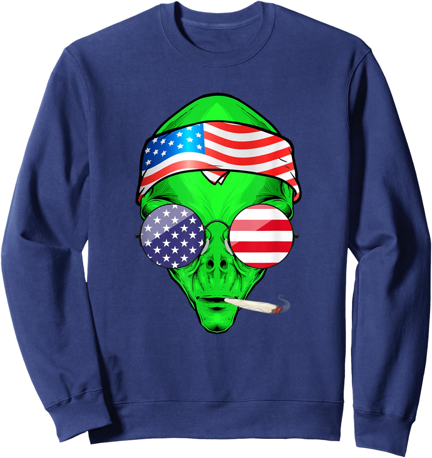 Hippie Alien American Flag 4th of July Funny Marijuana Weed Sweatshirt - Sweatshirt | Navy