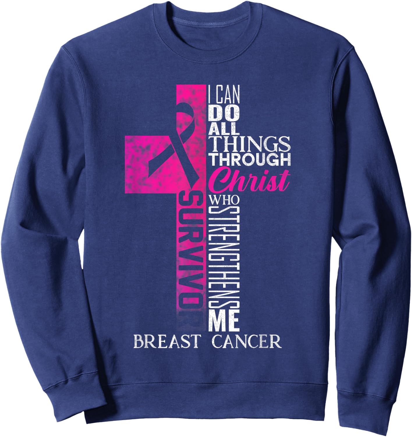 Pink Ribbon Breast Cancer Survivor Christian Cross Sweatshirt - Sweatshirt | Navy