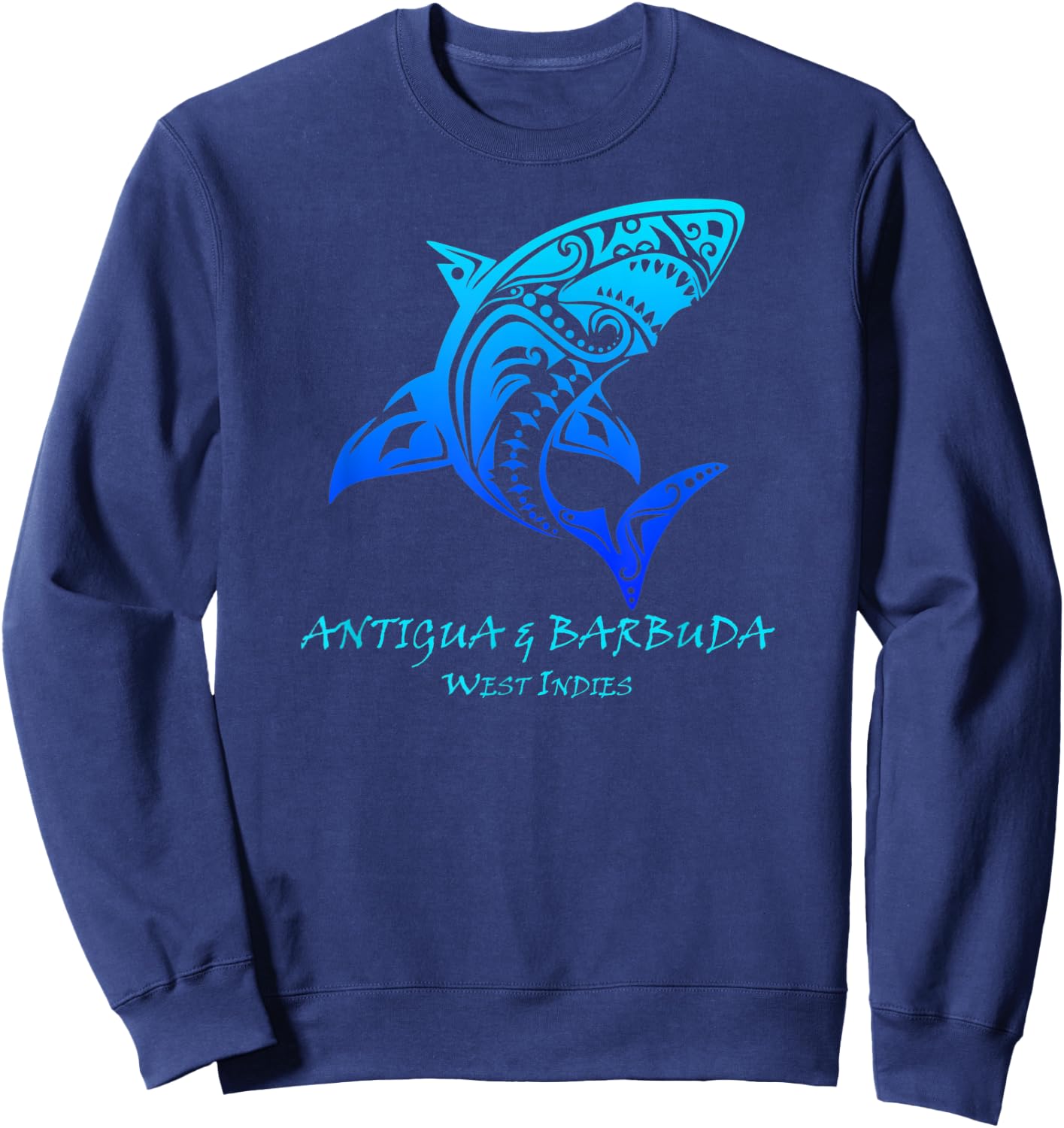 Antigua & Barbuda, West Indies Vintage Tribal Shark Vacation Sweatshirt - Sweatshirt | Navy