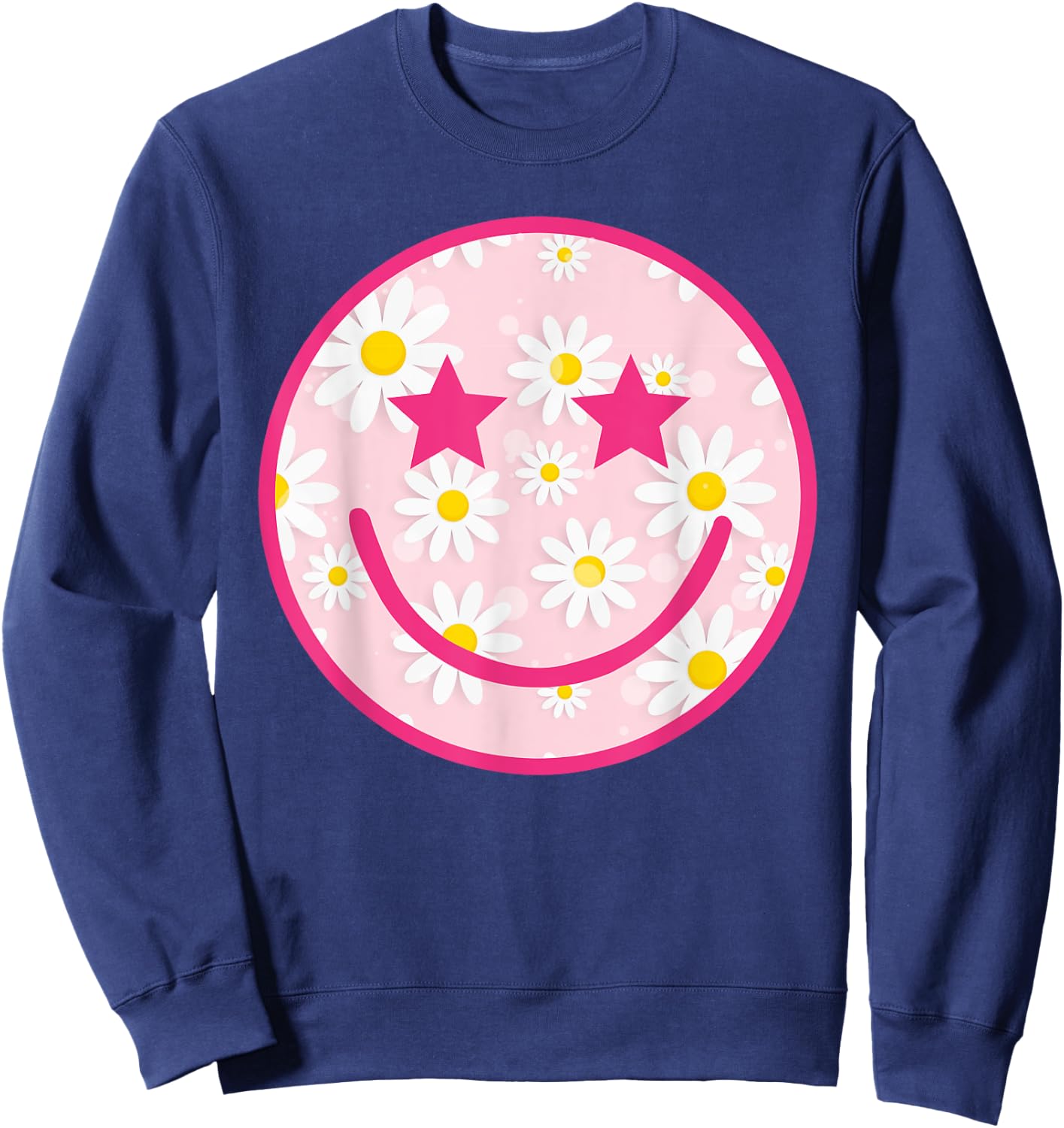 Funny Pink Happy Face Daisy Flower Smile Face Trendy Sweatshirt - Sweatshirt | Navy