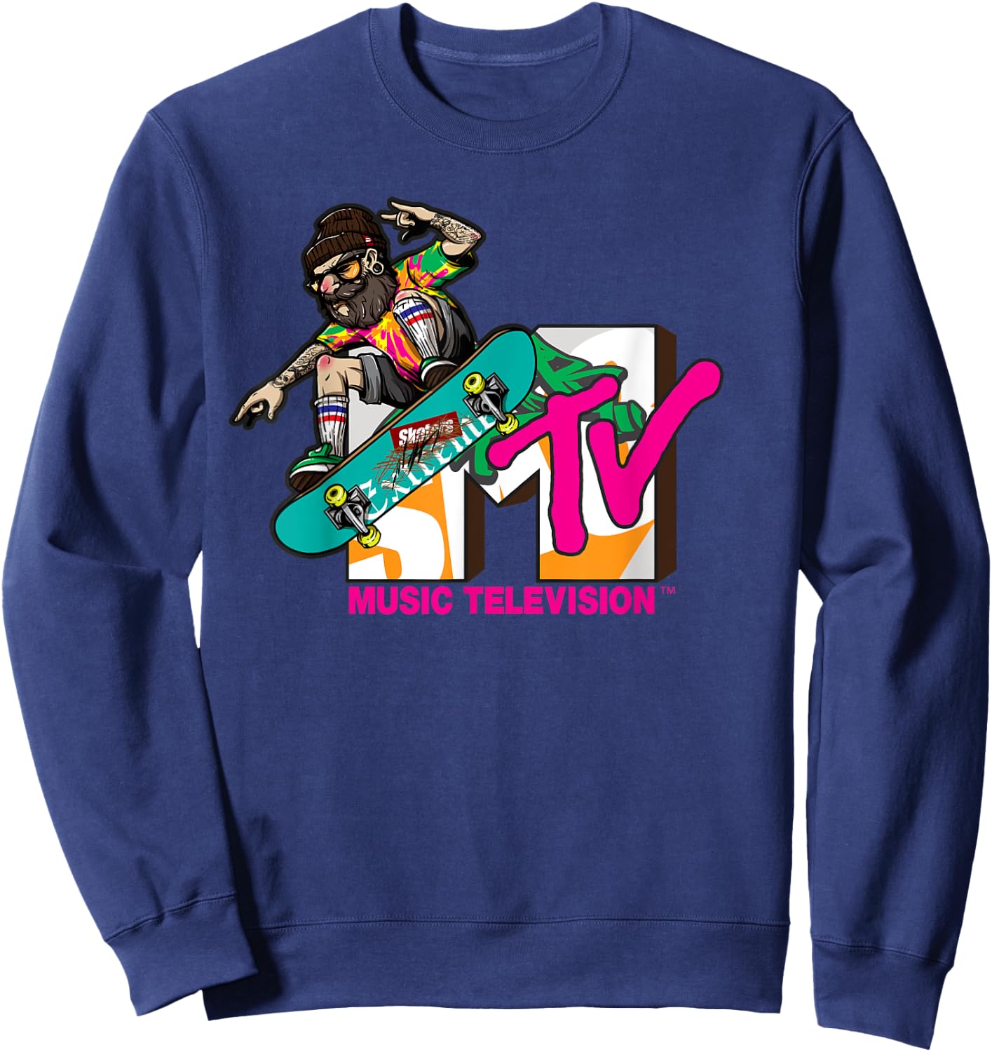 Mademark x MTV - The official MTV Logo with a hipster skater on his board Sweatshirt - Sweatshirt | Navy
