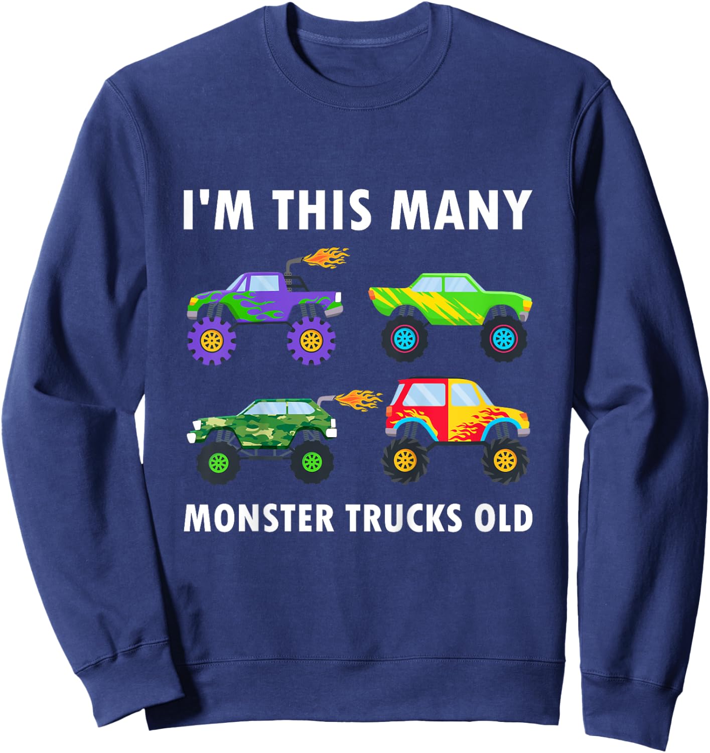 Kids 4 Years Old Boy Monster Trucks Old 4th Birthday Kids Sweatshirt - Sweatshirt | Navy