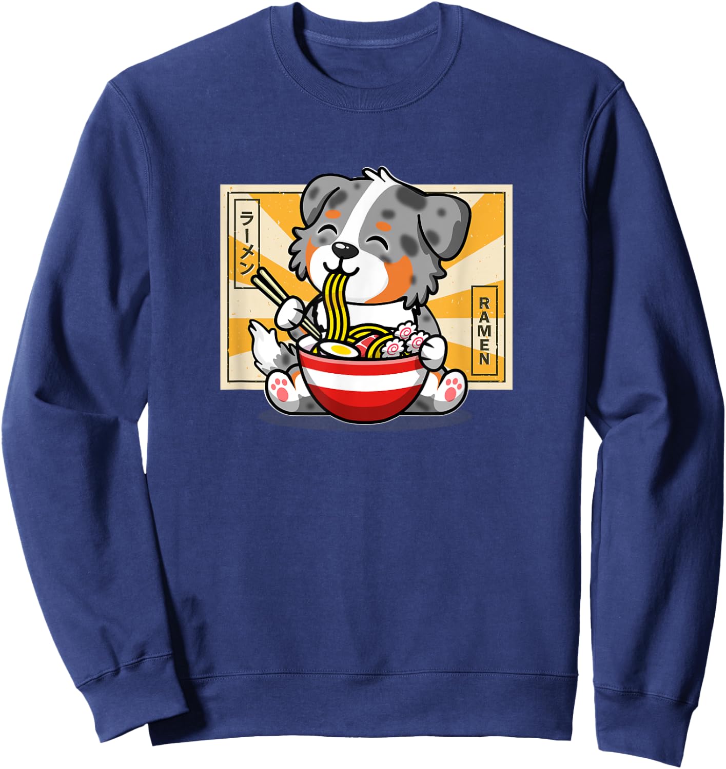 Funny Kawaii Kids Ramen Blue Merle Australian Shepherd Lover Sweatshirt - Sweatshirt | Navy