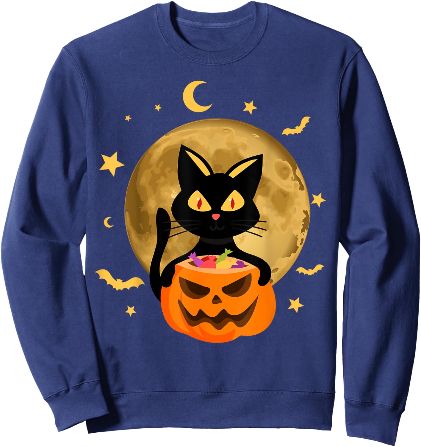 Halloween Black Cat Scary Pumpkin On the Moon Men Women Kids Sweatshirt - Sweatshirt | Navy