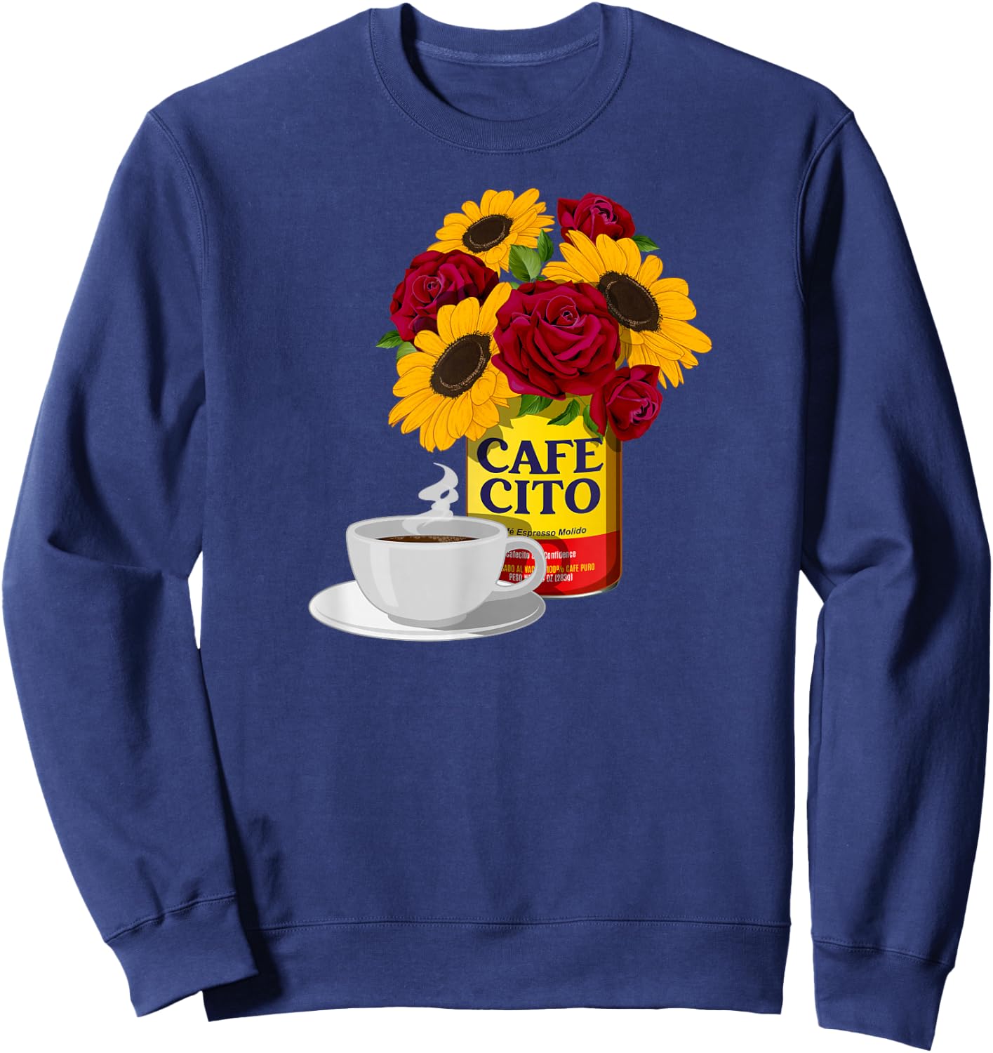 Cafecito and Confidence Cafe con Flores - -Adults, Black, Small, Short Sleeve, Classic Fit, Cotton Blend, Floral, Vacation, Classic, Unique Design Sweatshirt - Sweatshirt | Navy