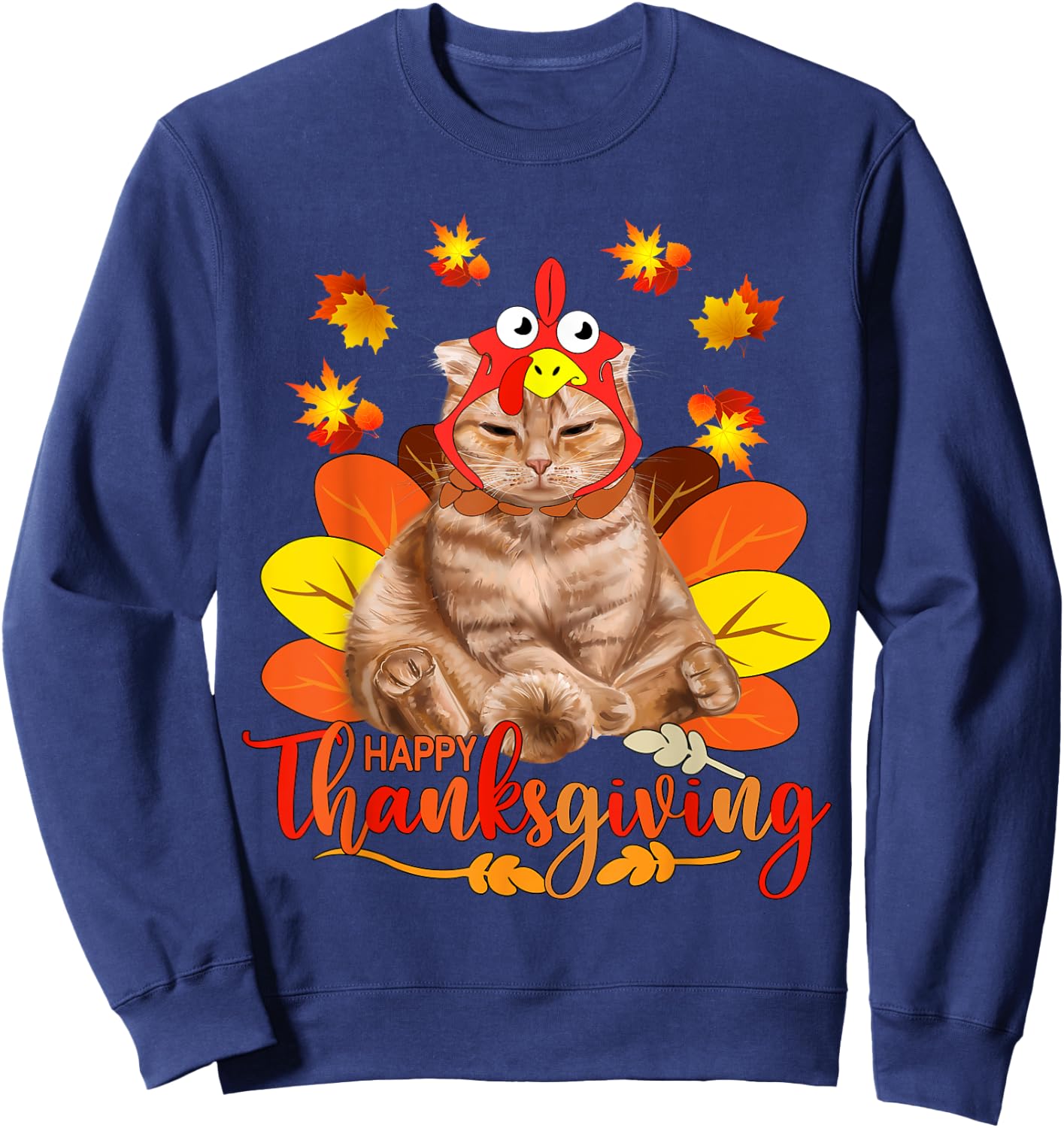 Happy Thanksgiving Cat Turkey Christmas Day Sweatshirt - Sweatshirt | Navy