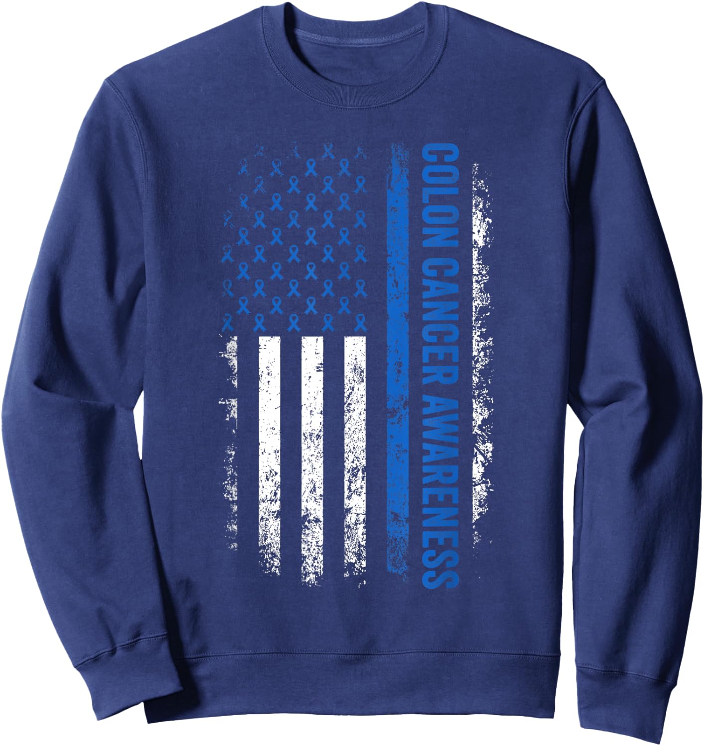 Colon Cancer Awareness Blue Ribbon US American Flag Sweatshirt - Sweatshirt | Navy