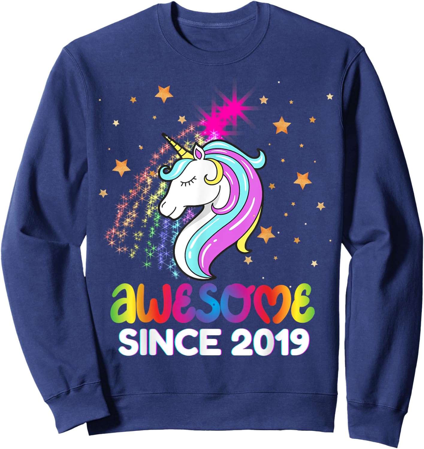 Fourth 5th Birthday Awesome Since 2019 Rainbows and Unicorn Sweatshirt - Sweatshirt | Navy