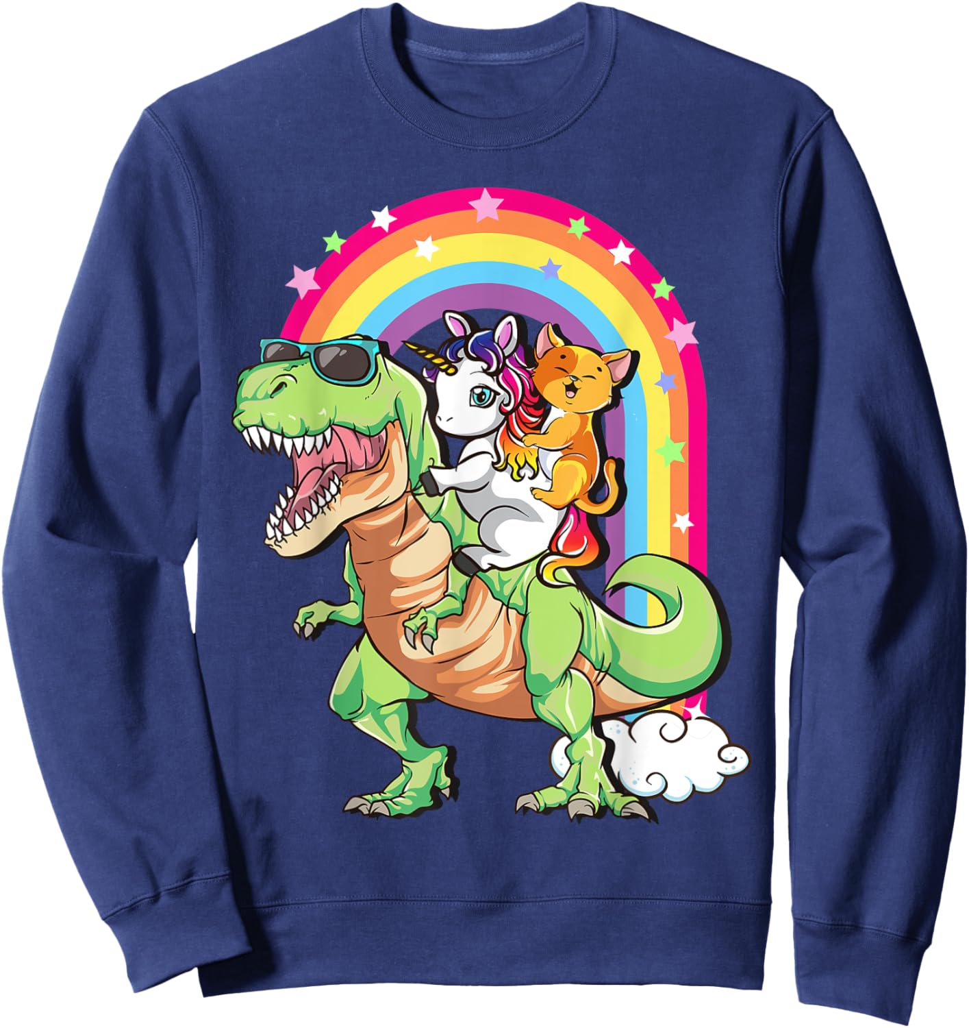Cute Cat Unicorn Riding T Rex Dinosaur Kids Teens Toddlers Sweatshirt - Sweatshirt | Navy