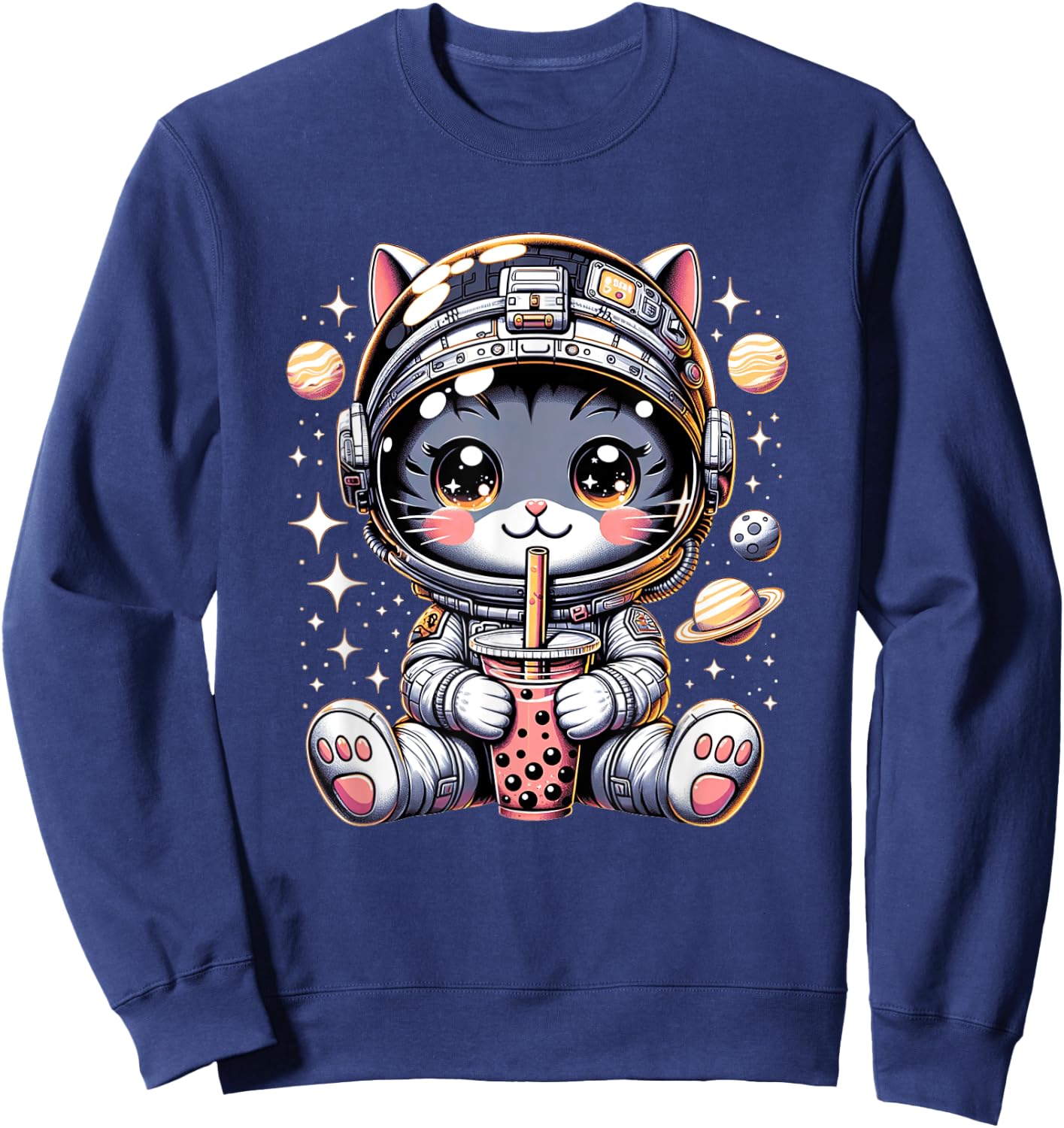 Cat in Space Kawaii Cat Girls Anime Astronaut Bubble Tea Sweatshirt - Sweatshirt | Navy