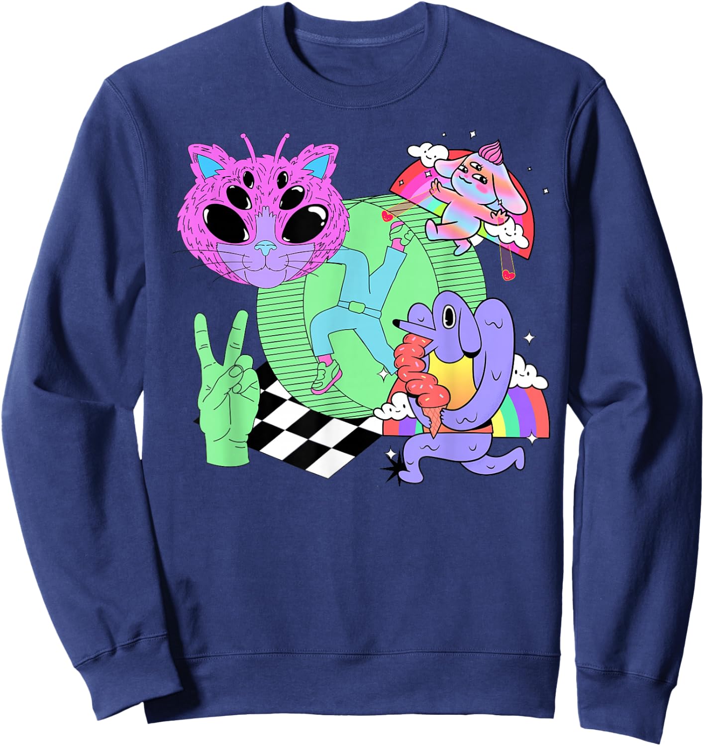 Weirdcore Aesthetic Bright Colorful Checker Print Trippy Sweatshirt - Sweatshirt | Navy