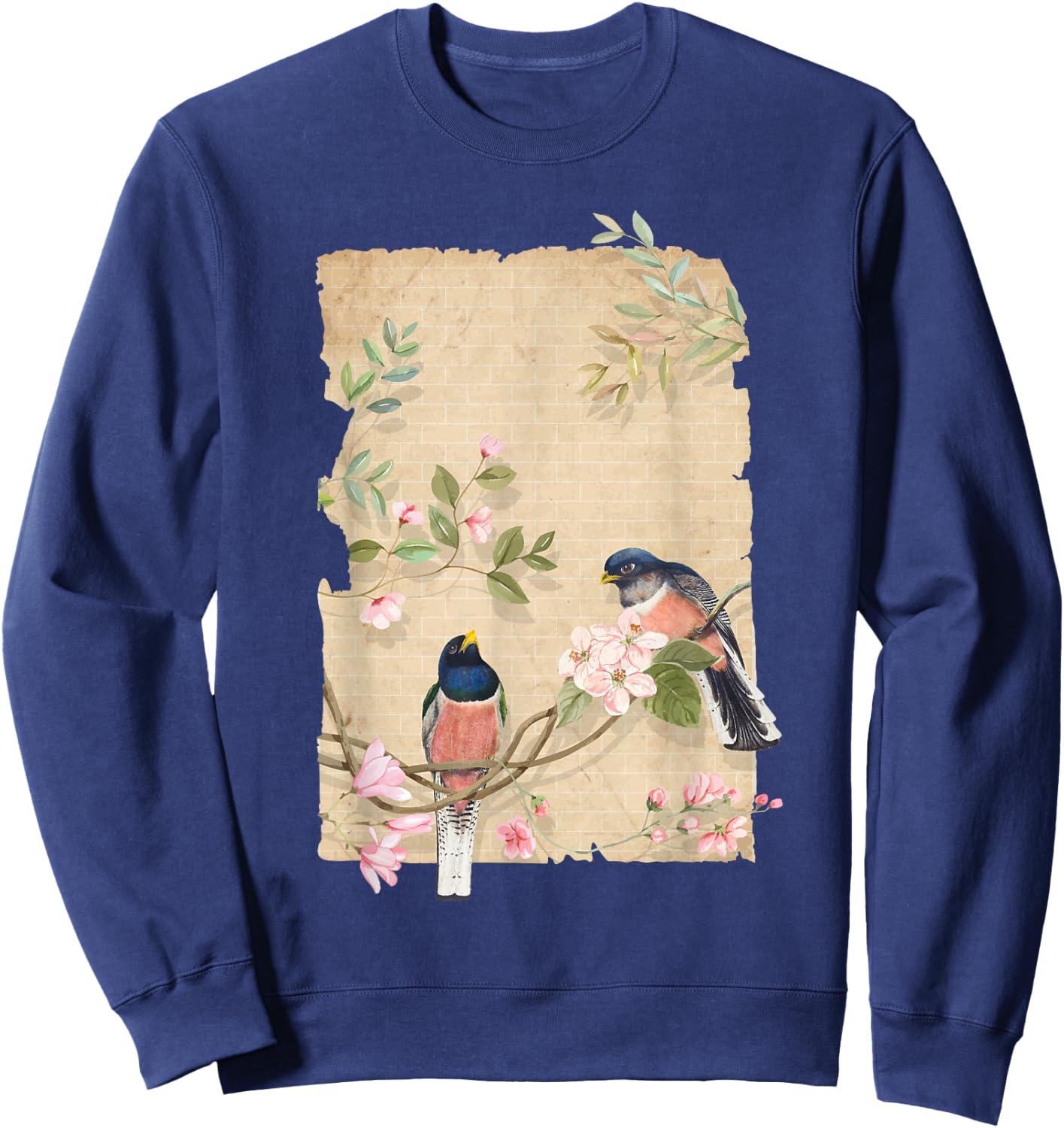 Bird and Flowers Art Japanese Woodblock Inspired Birds Sweatshirt - Sweatshirt | Navy