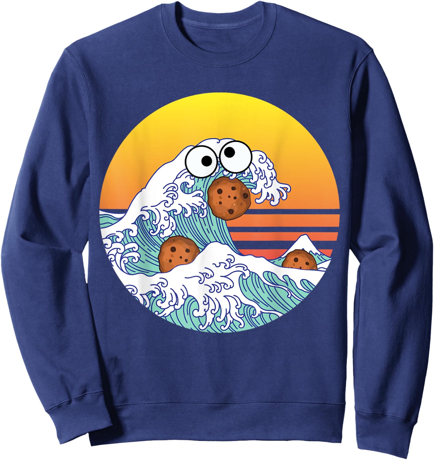 Retro Great Wave Monster Eating Cookies Funny Cookie Wave Sweatshirt - Sweatshirt | Navy