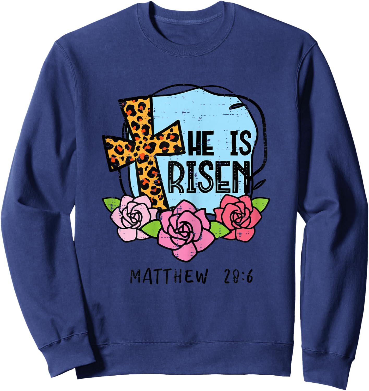 Leopard Cross He Is Risen Easter Jesus Religious Women Sweatshirt - Sweatshirt | Navy