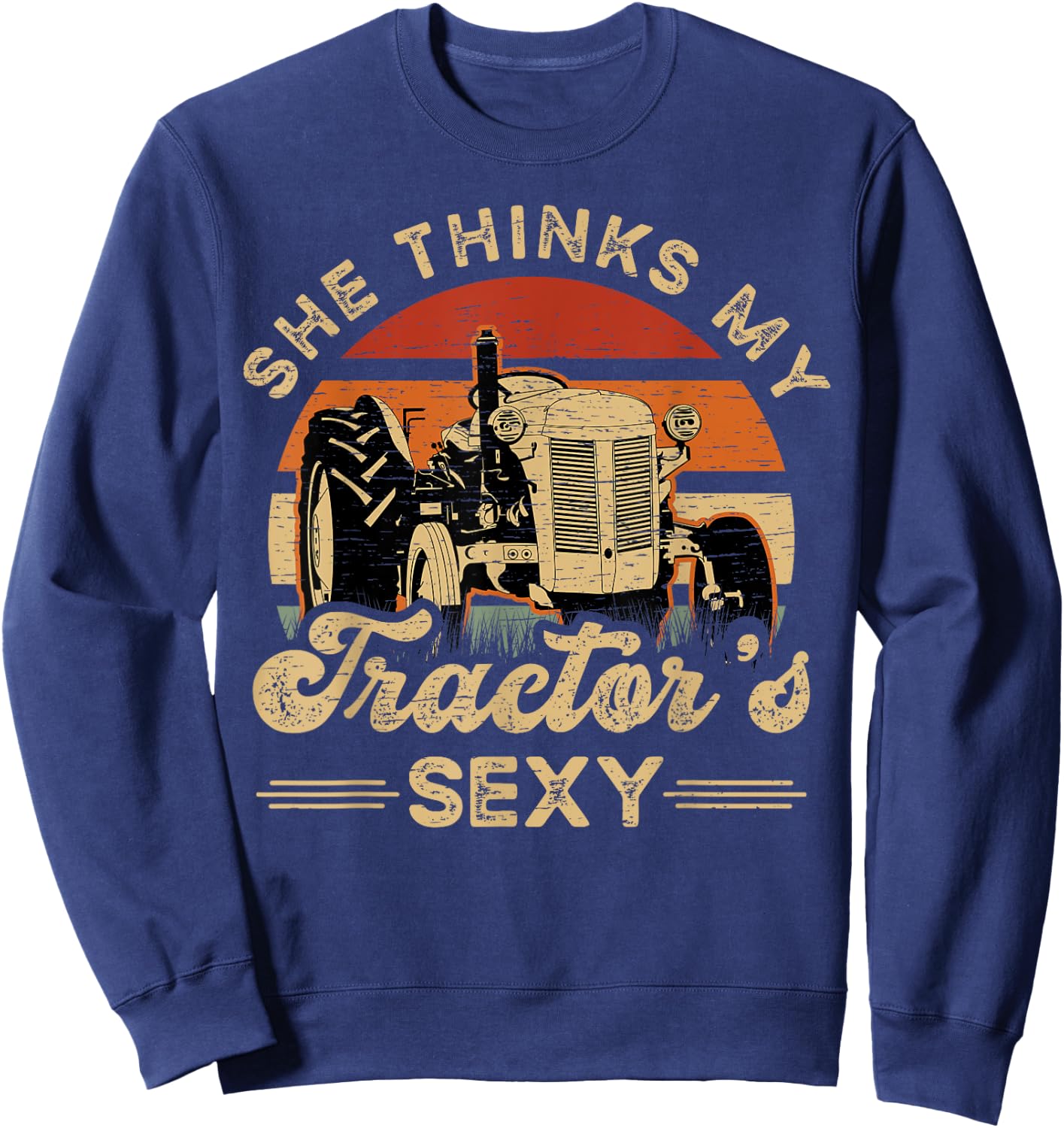 She Think My Tractor's Sexy Farmer - Black, Small - Women's Casual Modern - Short Sleeve - - Polyester 100% - Funny Farmer Motive, Animal Pattern Sweatshirt - Sweatshirt | Navy