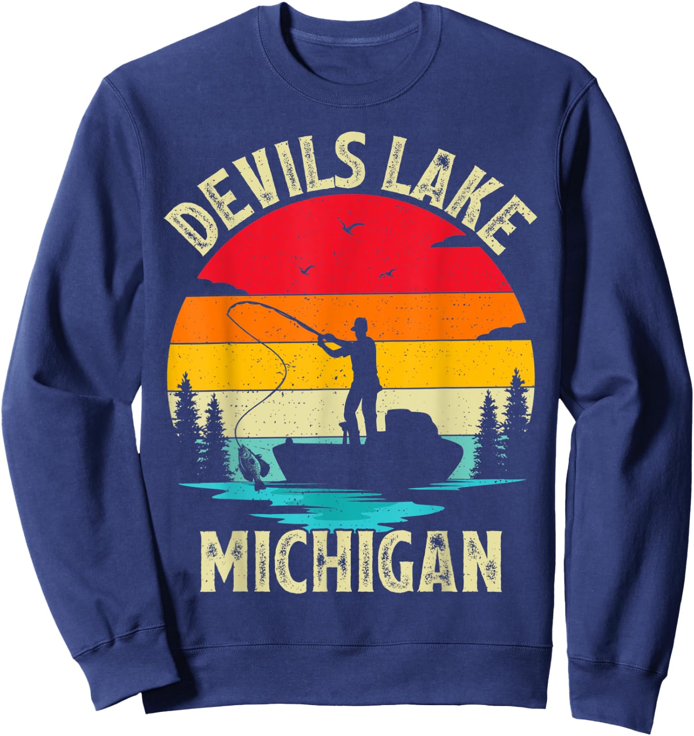 Summer Vacation Fishing Vintage Retro Michigan Devils Lake Women Kids Sweatshirt - Sweatshirt | Navy