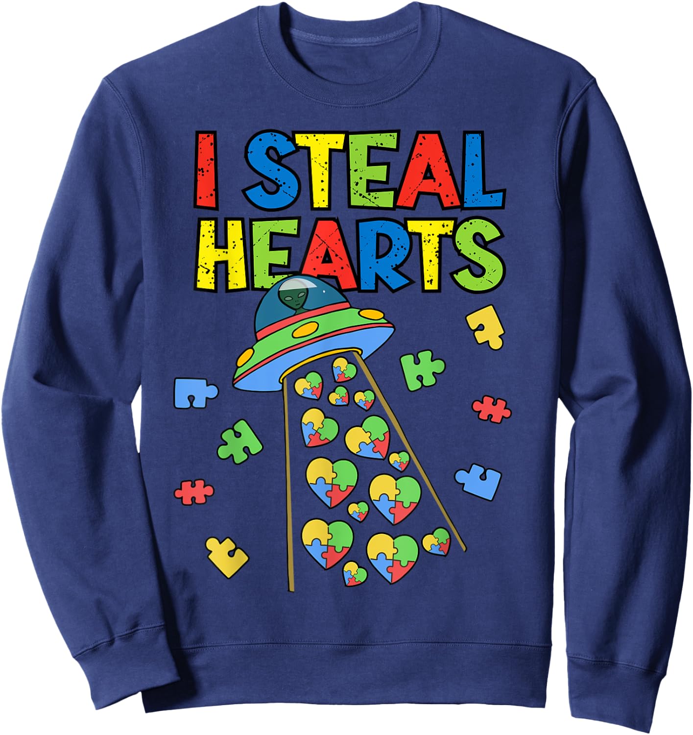 I Steal Hearts Puzzle Autism Awareness Cute Aliens Lover UFO Sweatshirt - Sweatshirt | Navy