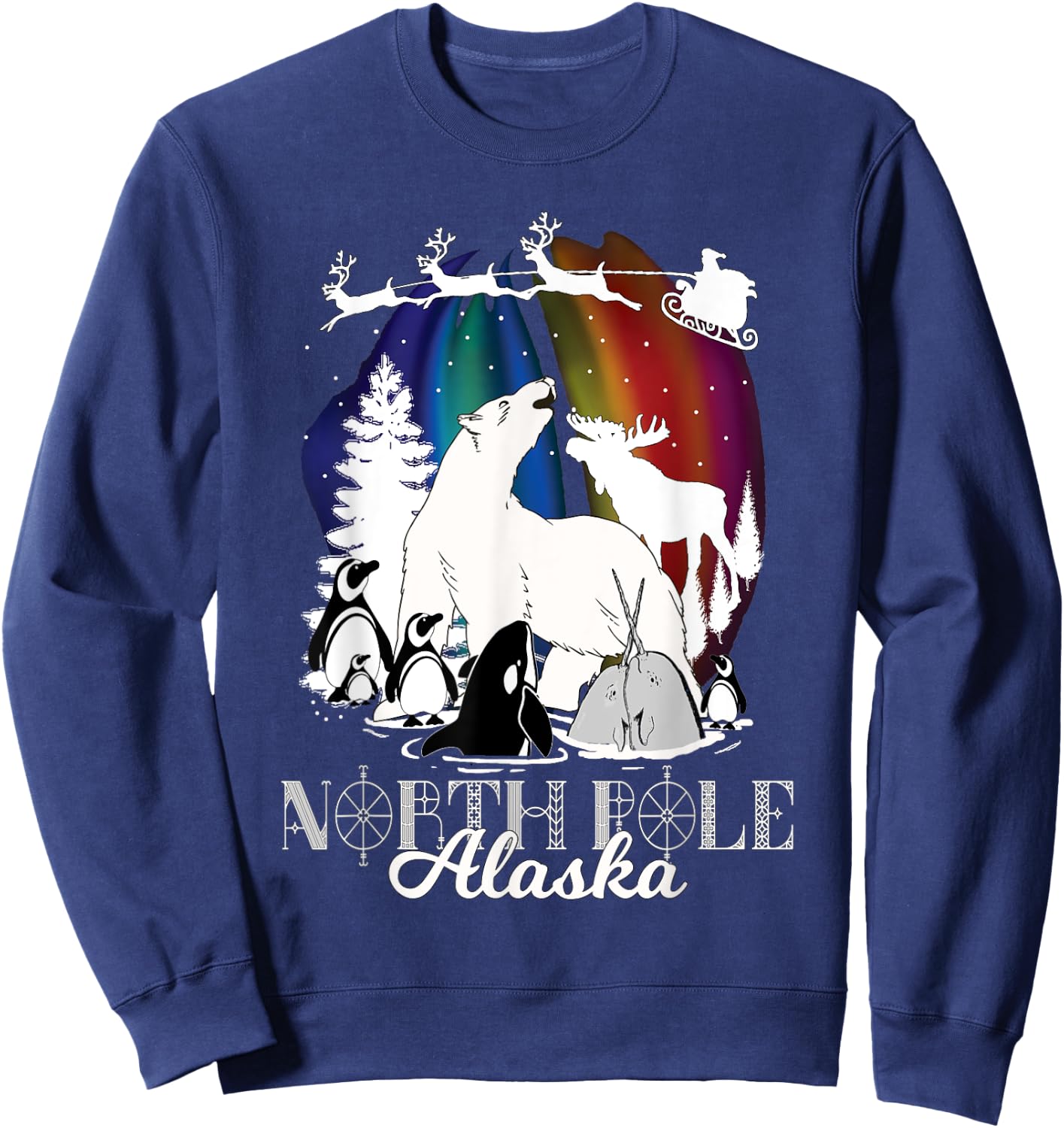 North Pole Alaska Aurora Borealis Christmas Town Wildlife Sweatshirt - Sweatshirt | Navy