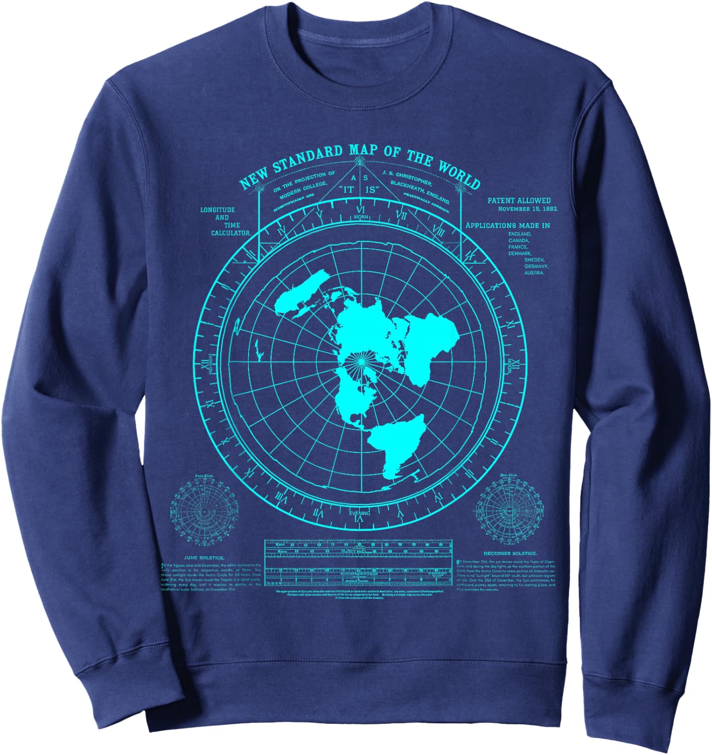 Gleason's New Standard map of The World, Flat Earth Sweatshirt - Sweatshirt | Navy