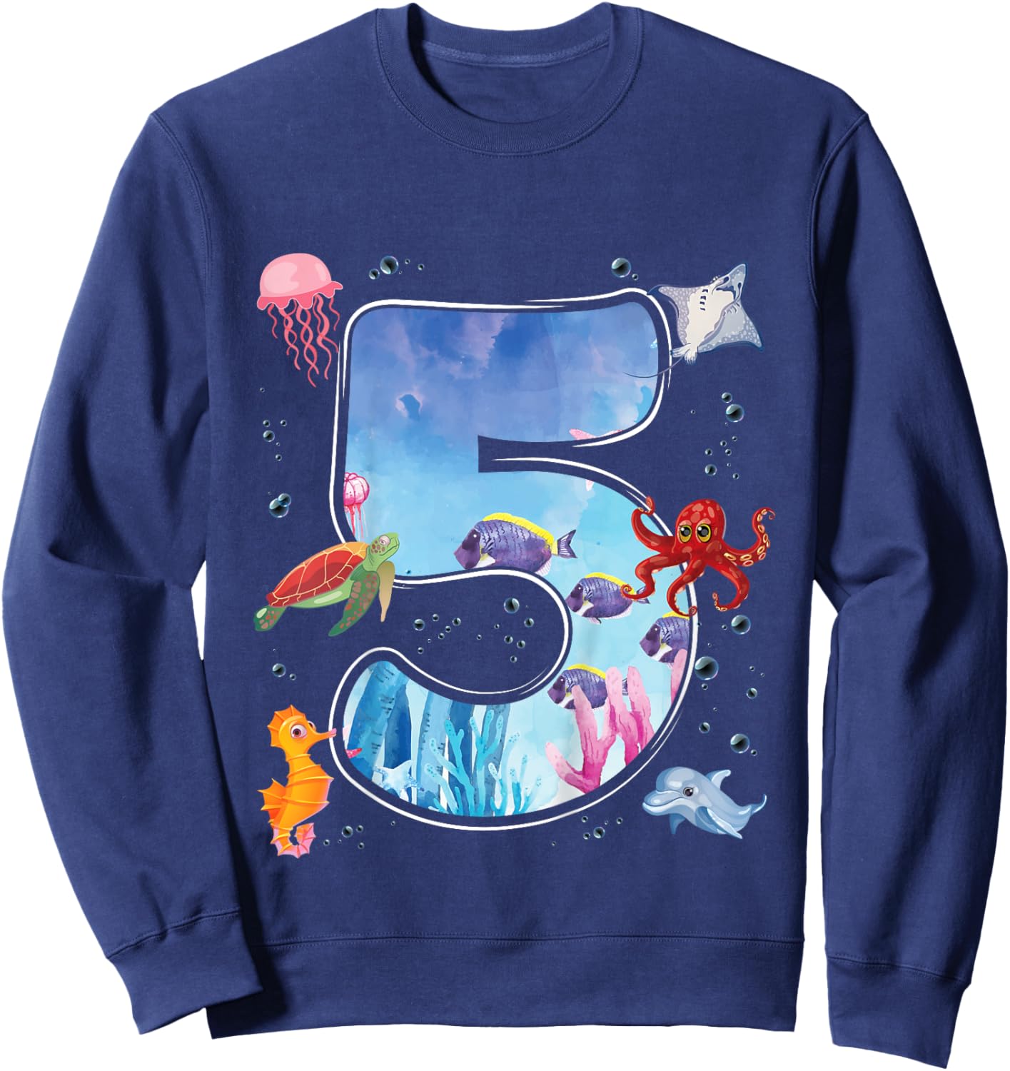 Kids 5th Birthday Party Ocean 5 Year Old Sea Fish Aquarium Boy Sweatshirt - Sweatshirt | Navy