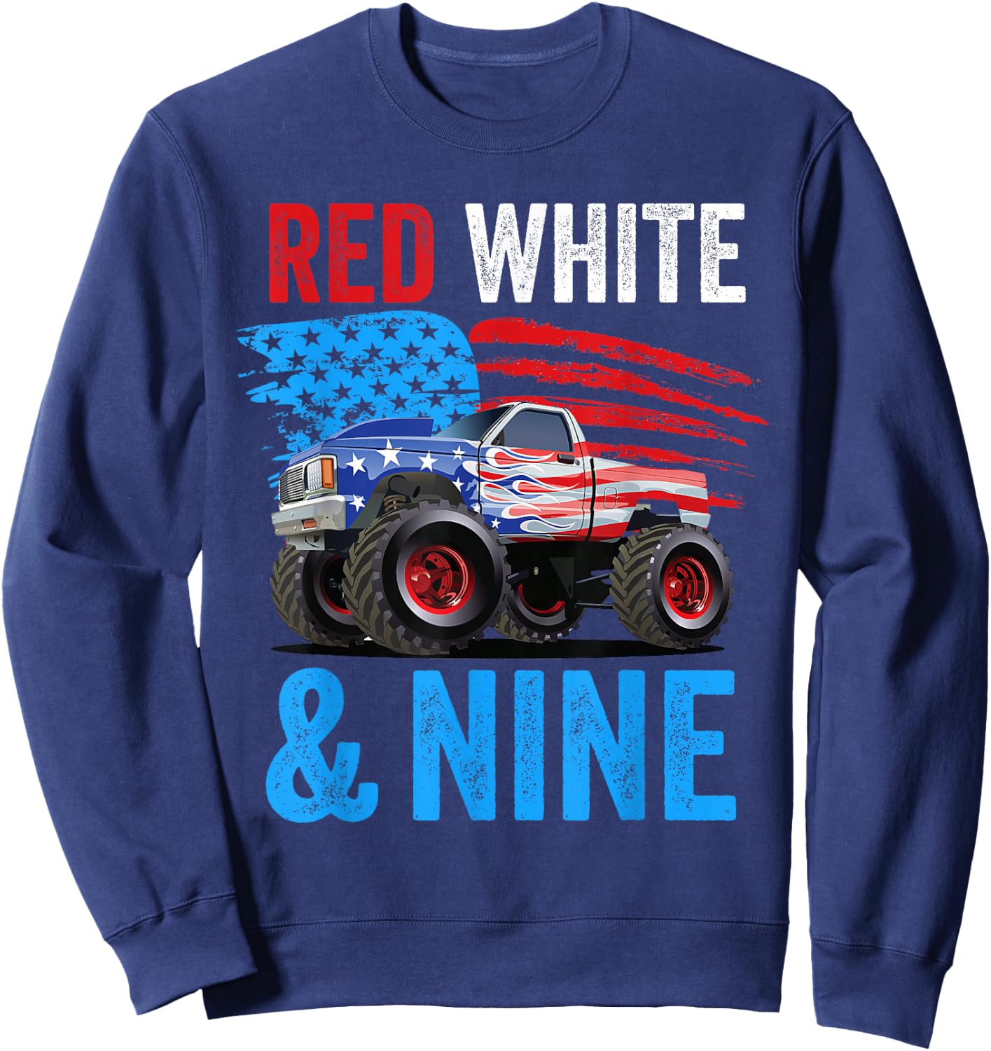Red White & Nine Monster Truck Boy 9th Birthday USA Flag Sweatshirt - Sweatshirt | Navy