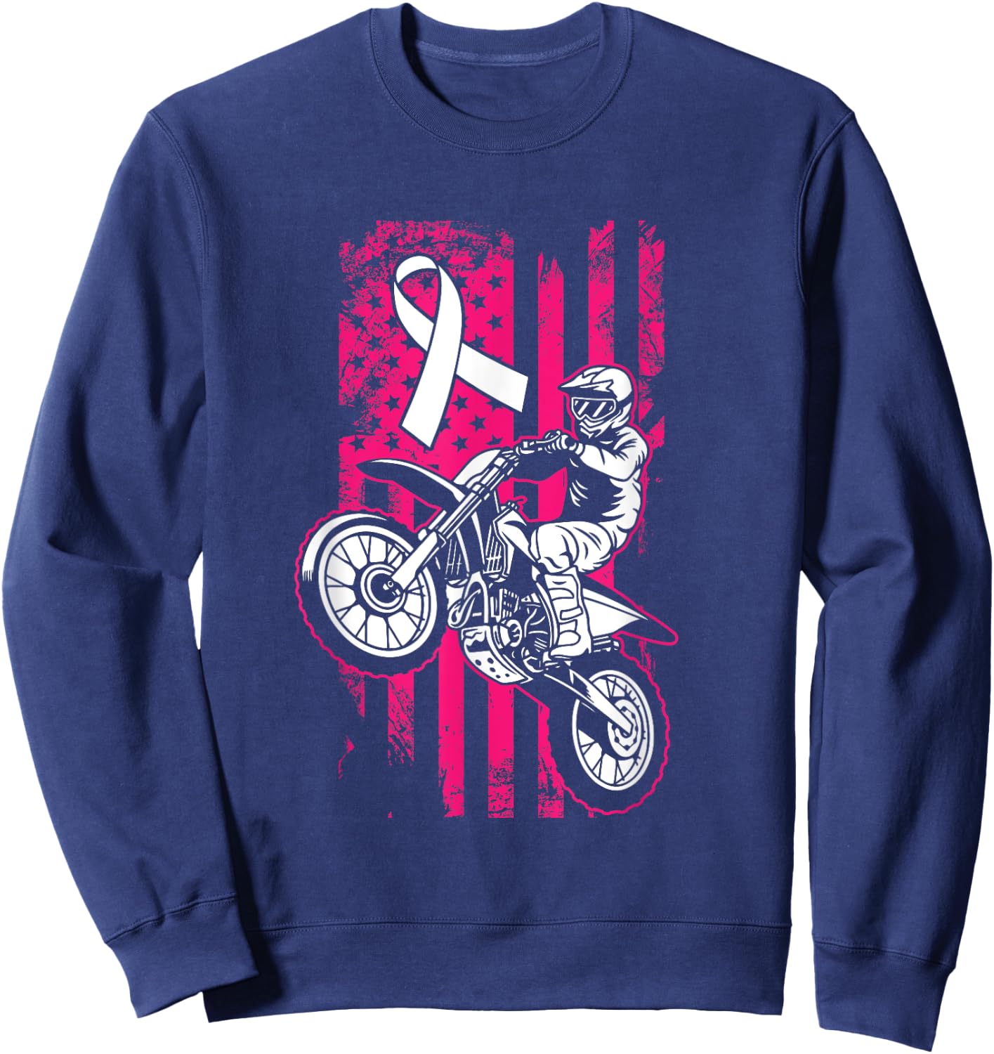 Motocross American Flag Breast Cancer Awareness Pink Ribbon Sweatshirt - Sweatshirt | Navy