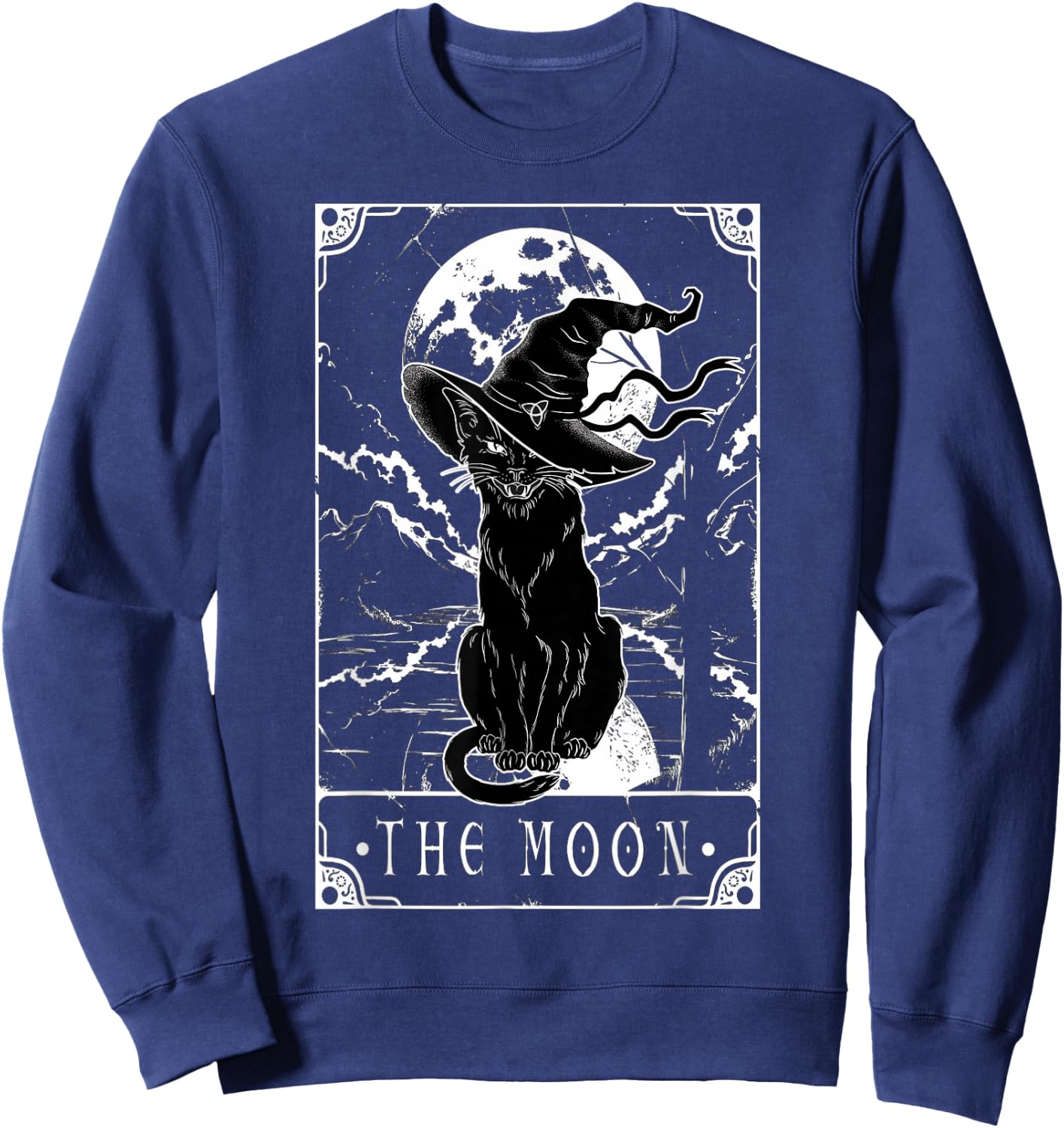 Tarot Card Crescent Moon And Black Cat Witch Hat Halloween Sweatshirt - Sweatshirt | Navy