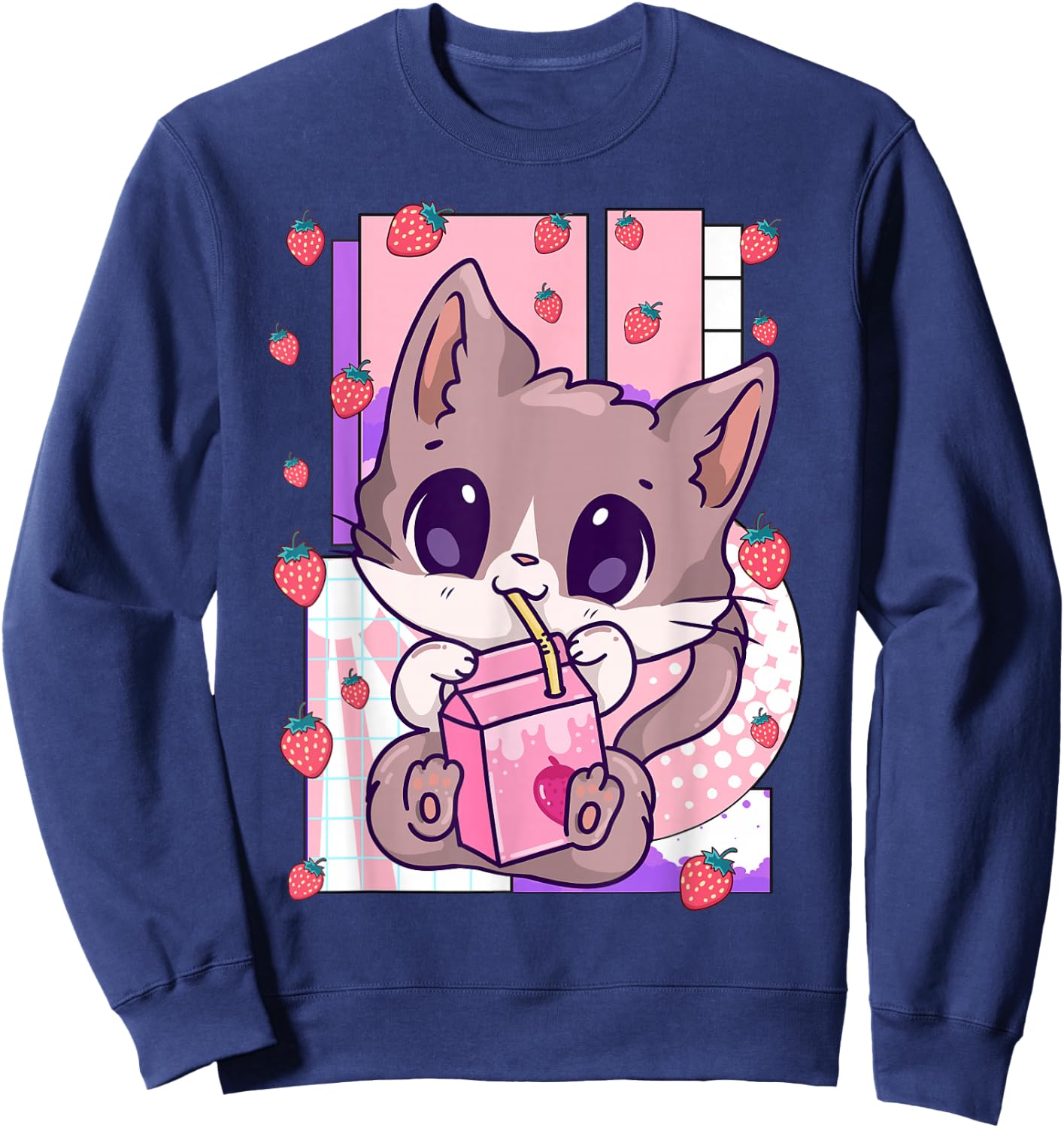 Cute Kawaii Cat Strawberry Milk Anime Neko Shake Sweatshirt - Sweatshirt | Navy