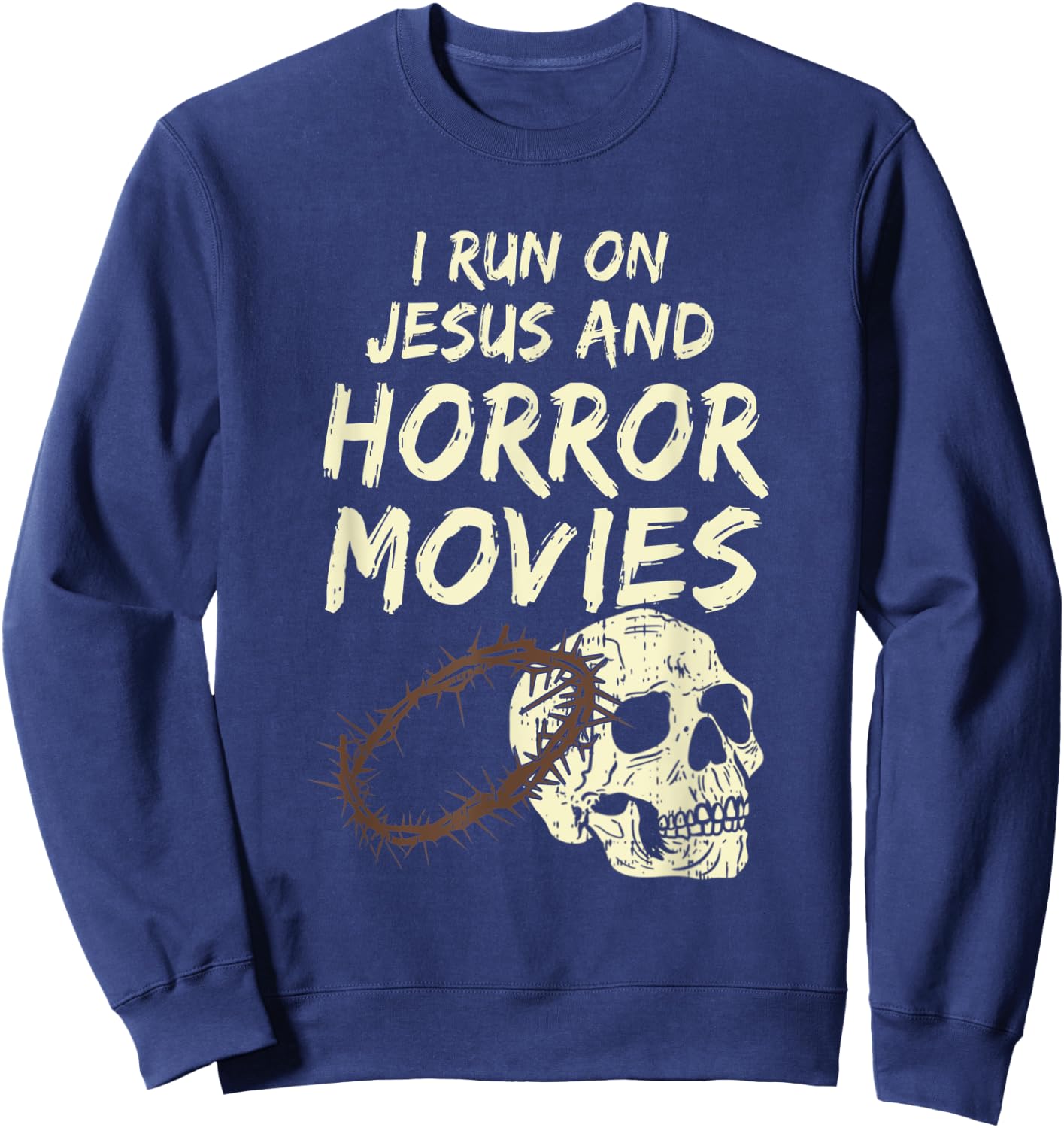 Run On Jesus And Horror Movie Skull Funny Halloween Costume Sweatshirt - Sweatshirt | Navy