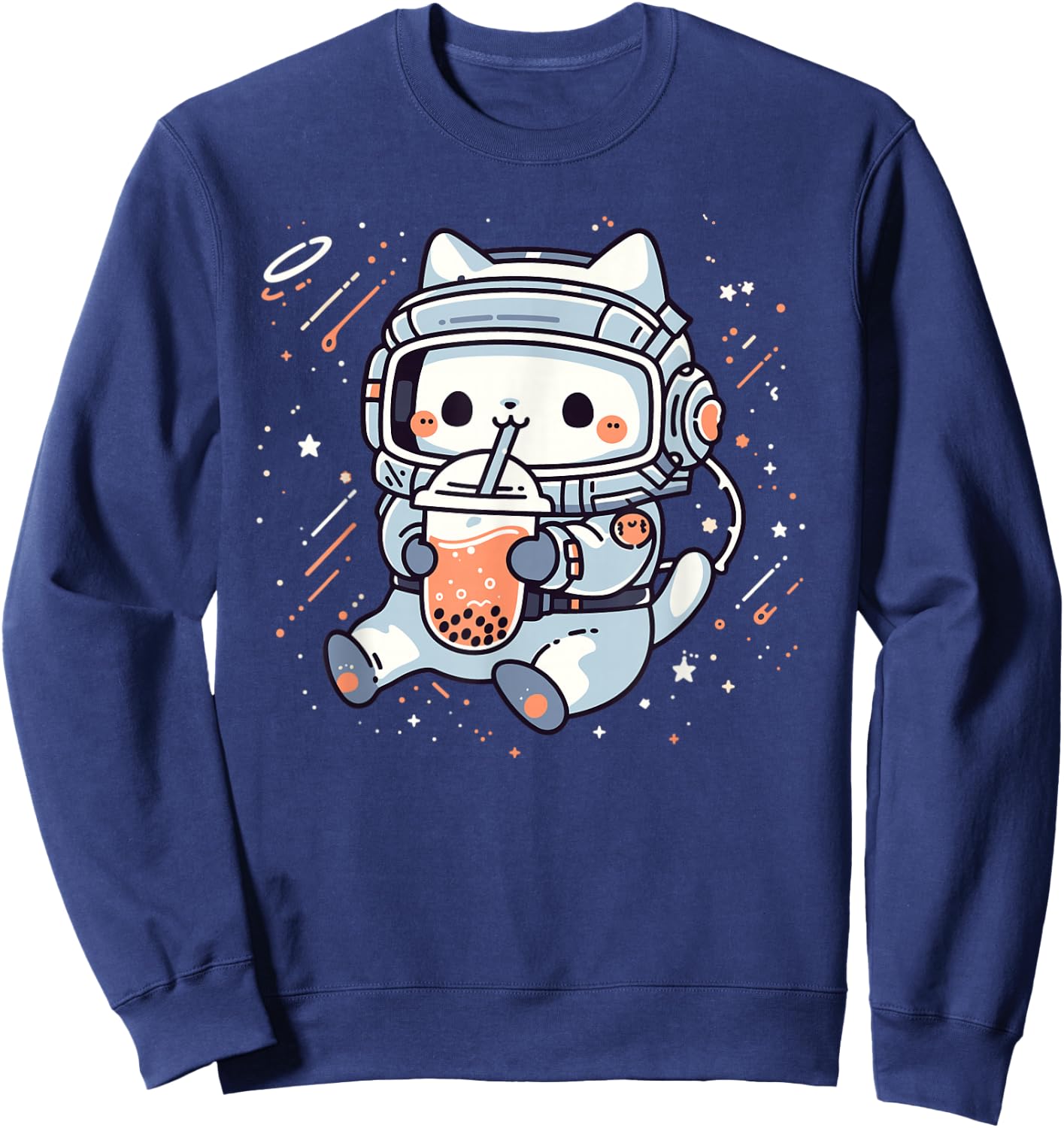 Kawaii Cat Bubble Boba Tea In Space Astronaut Anime Girls Sweatshirt - Sweatshirt | Navy