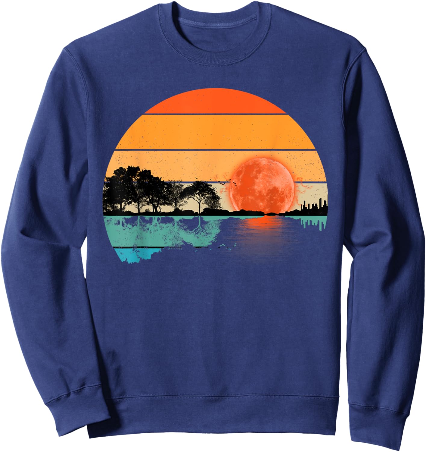 Funny Retro Guitar Lake Sunset Guitarist Music Lover Sweatshirt - Sweatshirt | Navy