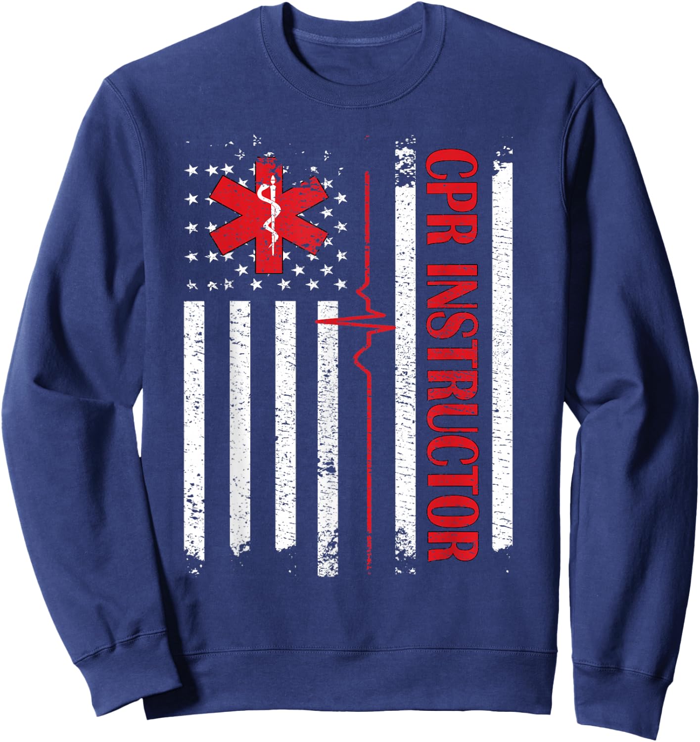 CPR Instructor American Flag EMS First Aid AED Certified CPR Sweatshirt - Sweatshirt | Navy