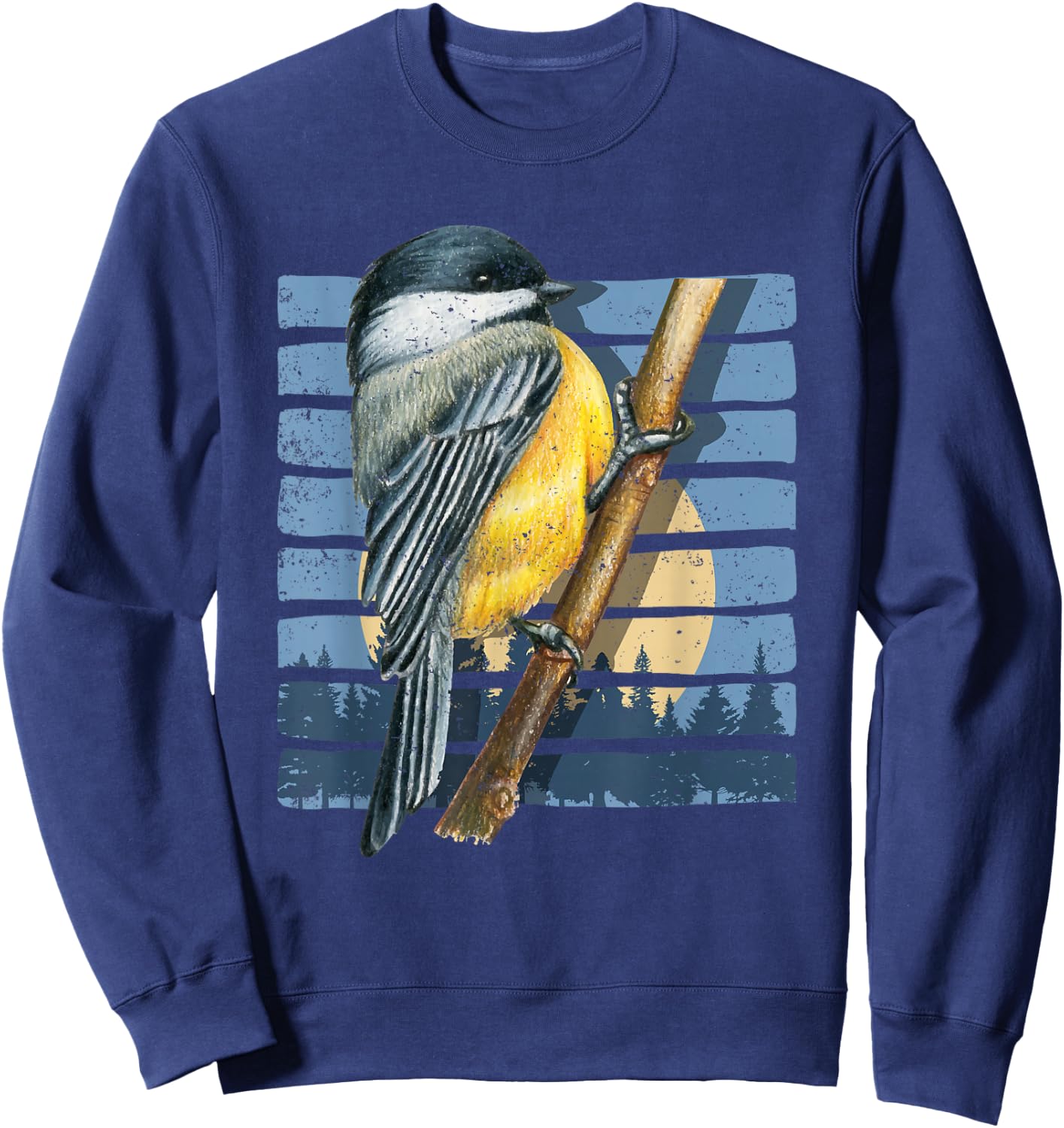 Retro Bird Watcher Chickadee Nature Forest Moon Birds Sweatshirt - Sweatshirt | Navy