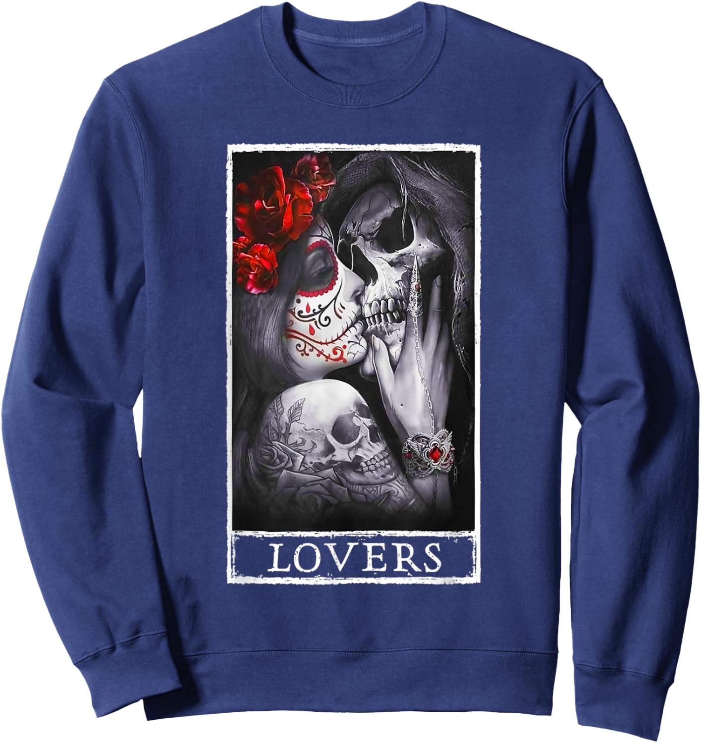 Woman Kissing Skeleton Skull Lovers Red Roses Goth Couple Sweatshirt - Sweatshirt | Navy
