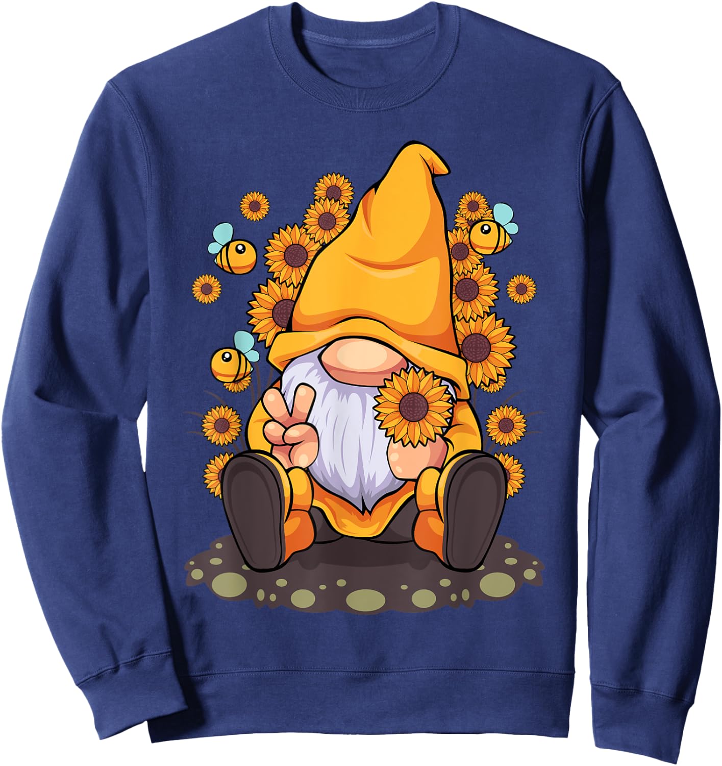 Funny Hippie Sunflower Gnome with Bee Flower Summer Men Women Sweatshirt - Sweatshirt | Navy