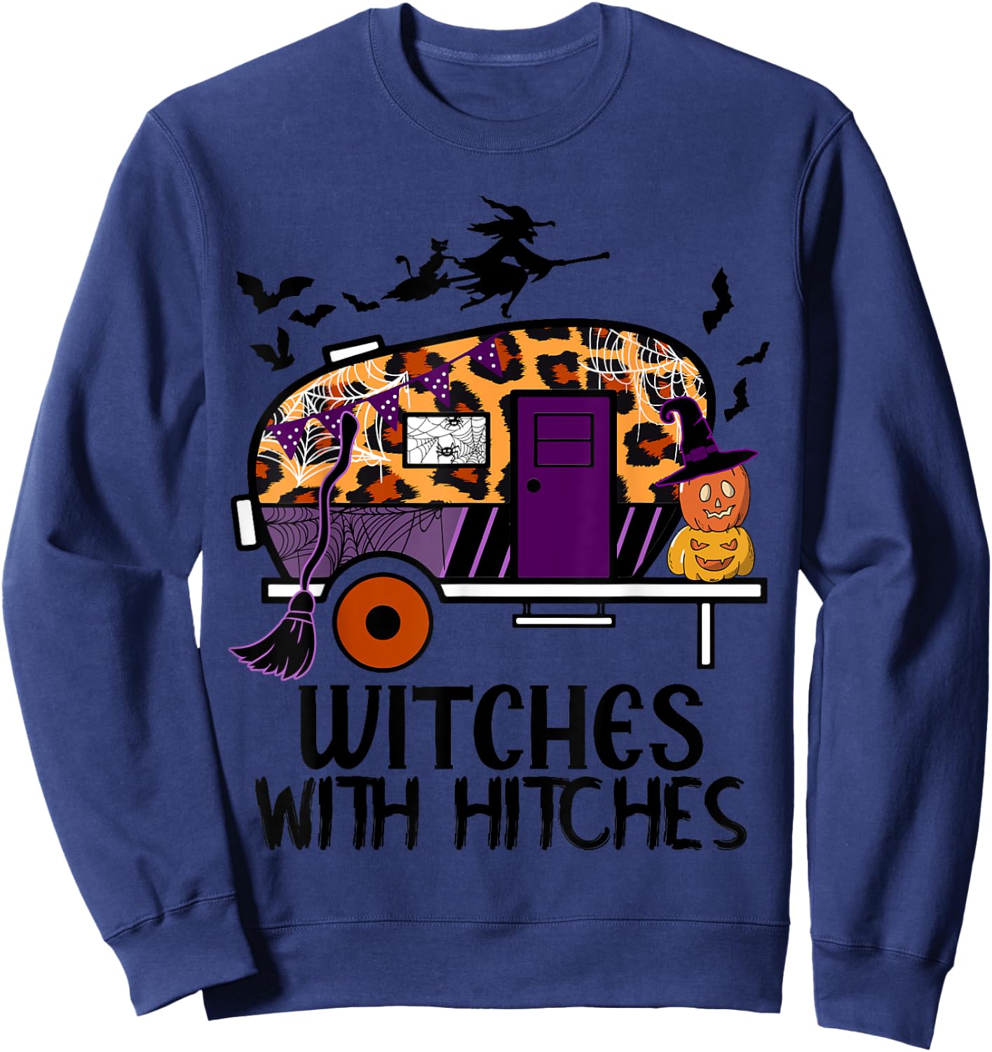 d2Ab Leopard Camping RV Witches With Hitches Halloween Party Sweatshirt - Sweatshirt | Navy