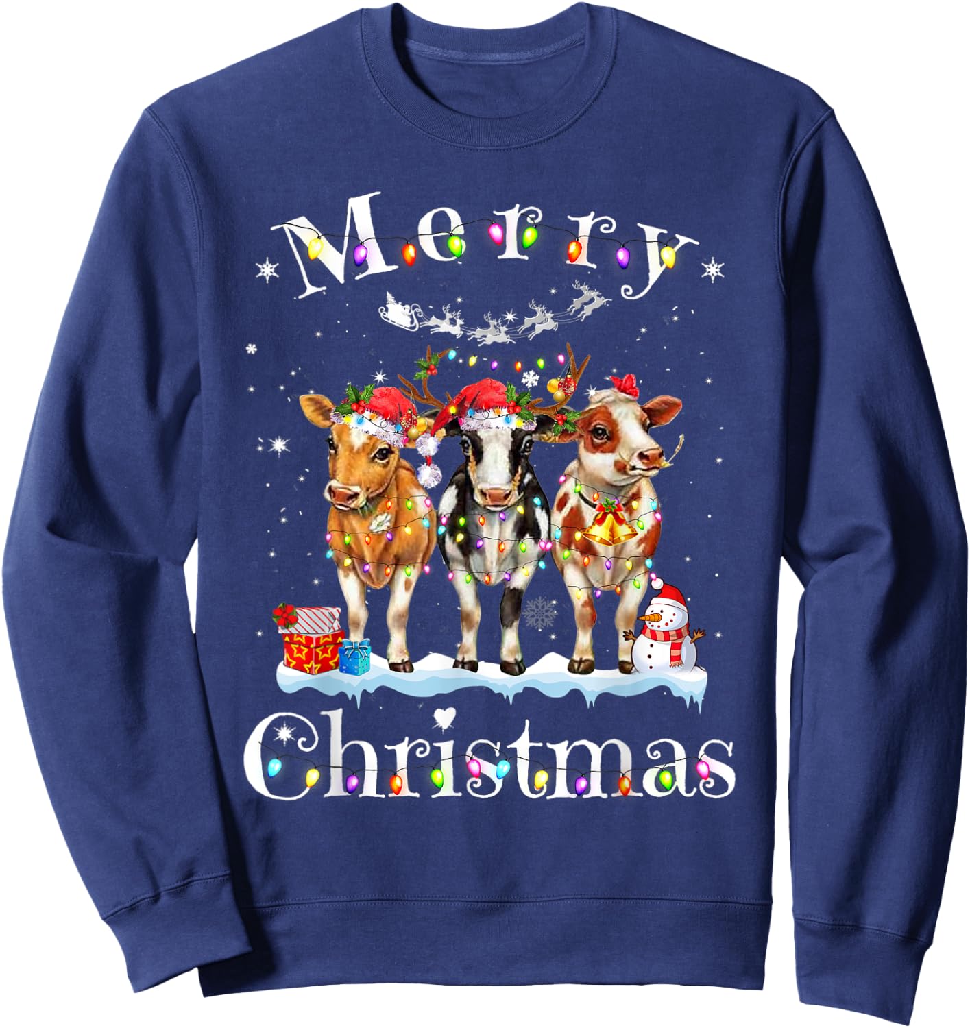 Cow Reindeer Hat Santa Christmas Lights Funny Cow Christmas Sweatshirt - Sweatshirt | Navy