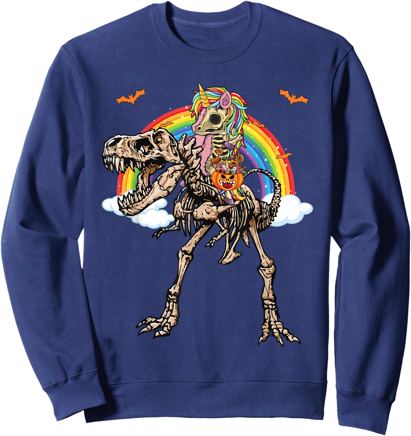 Skeleton Unicorn Riding Dinosaur T Rex Halloween Sweatshirt - Sweatshirt | Navy