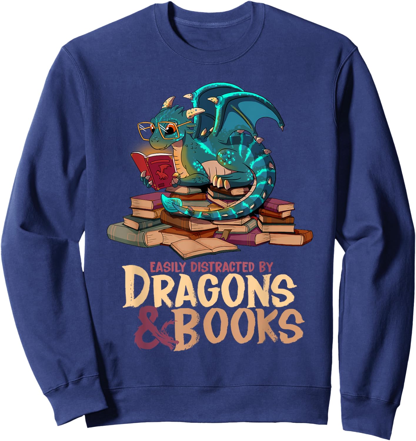 Easily Distracted By Dragons & Books Dragon Book Lover Sweatshirt - Sweatshirt | Navy