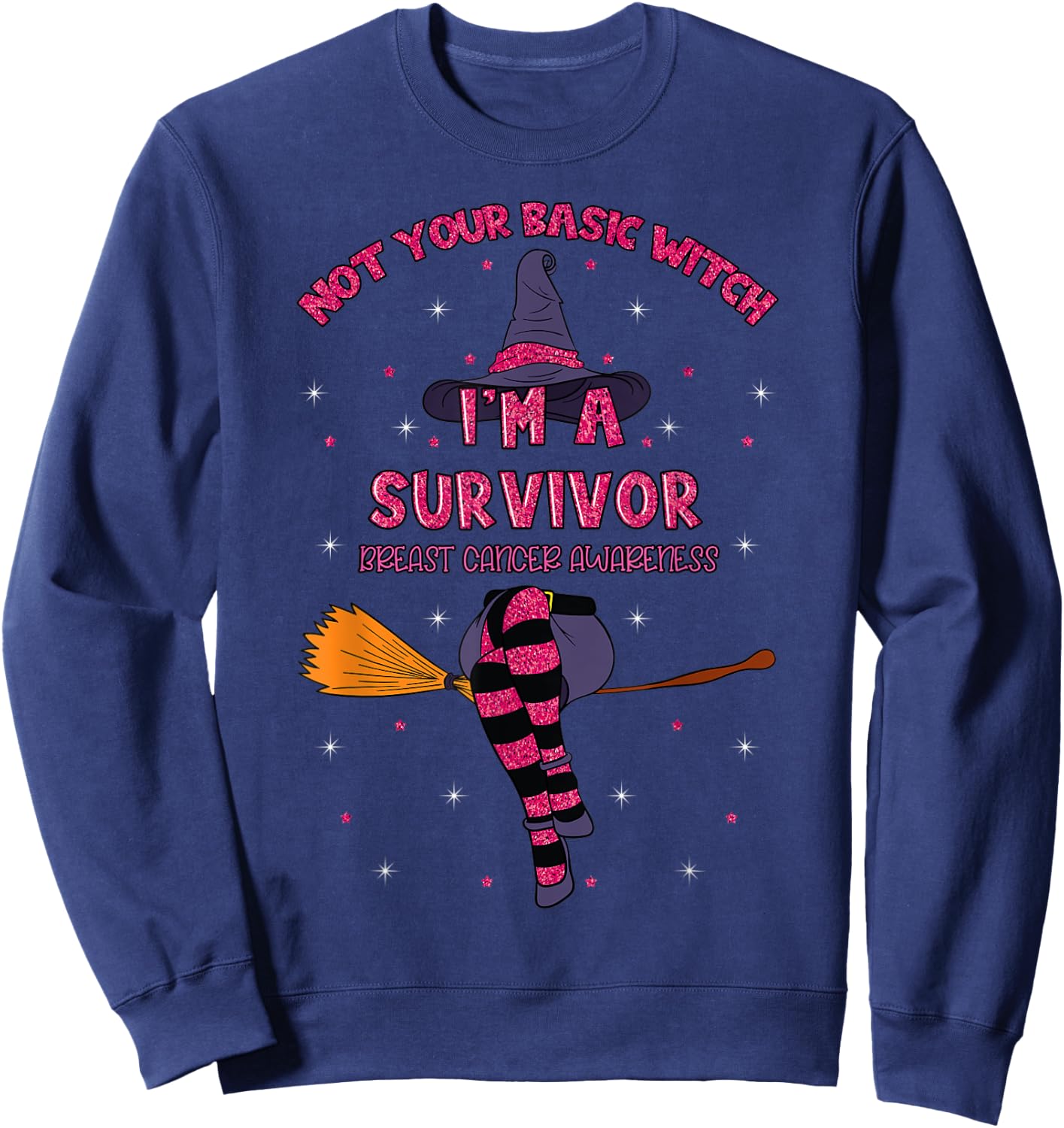 Halloween Witch Pink Awareness Ribbon Breast Cancer Survivor Sweatshirt - Sweatshirt | Navy
