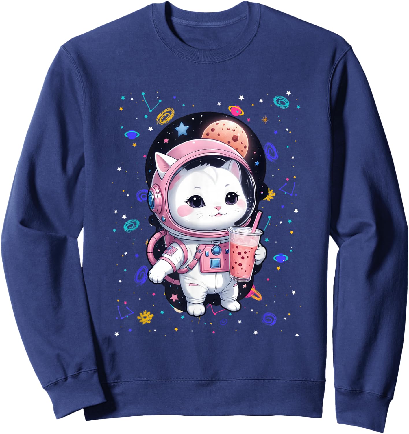 Kawaii Cat Bubble Boba Tea In Space Astronaut Anime Sweatshirt - Sweatshirt | Navy