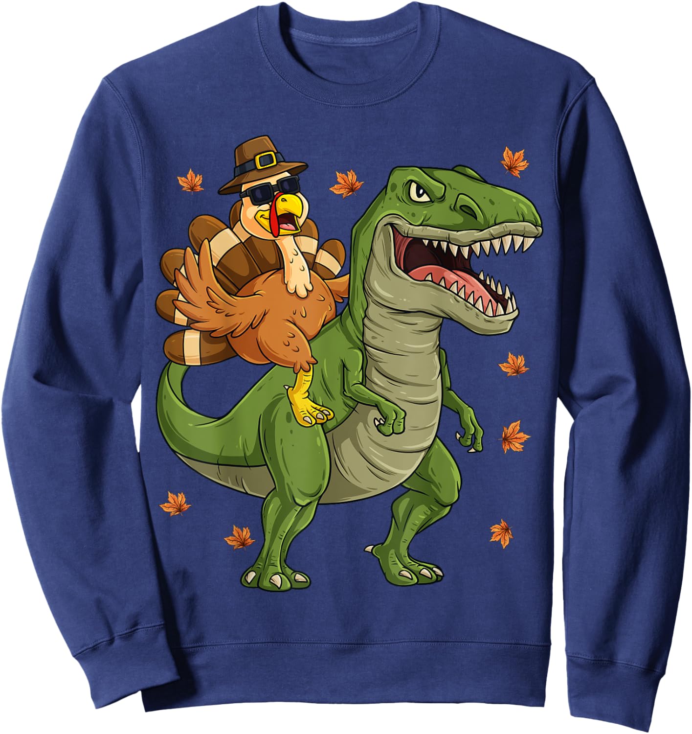 Thanksgiving Turkey Riding T Rex Dinosaur Toddler Boys Kids Sweatshirt - Sweatshirt | Navy