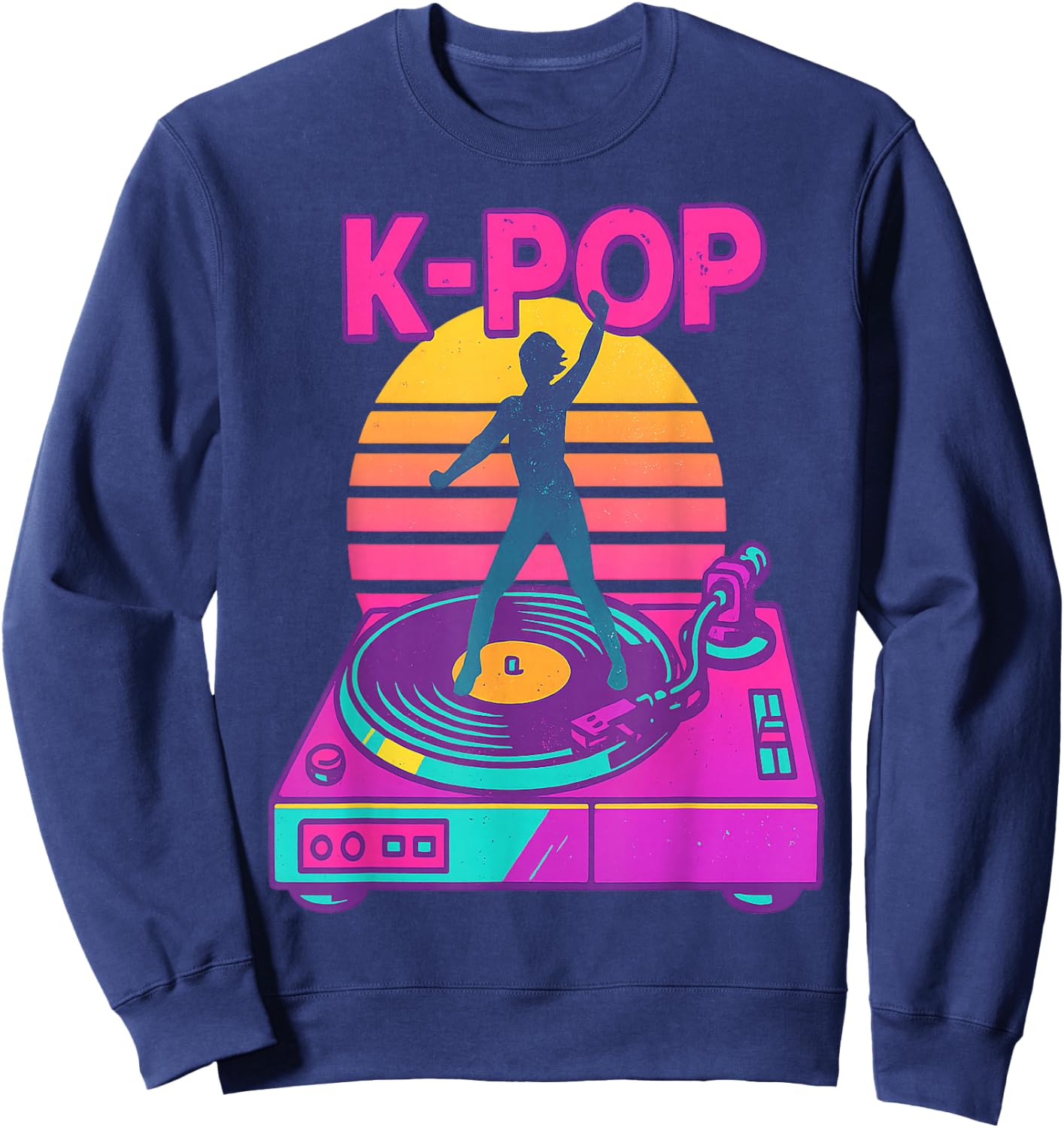 K-Pop Dance Vinyl DJ Retro Sunset Music Aesthetic Korea Sweatshirt - Sweatshirt | Navy