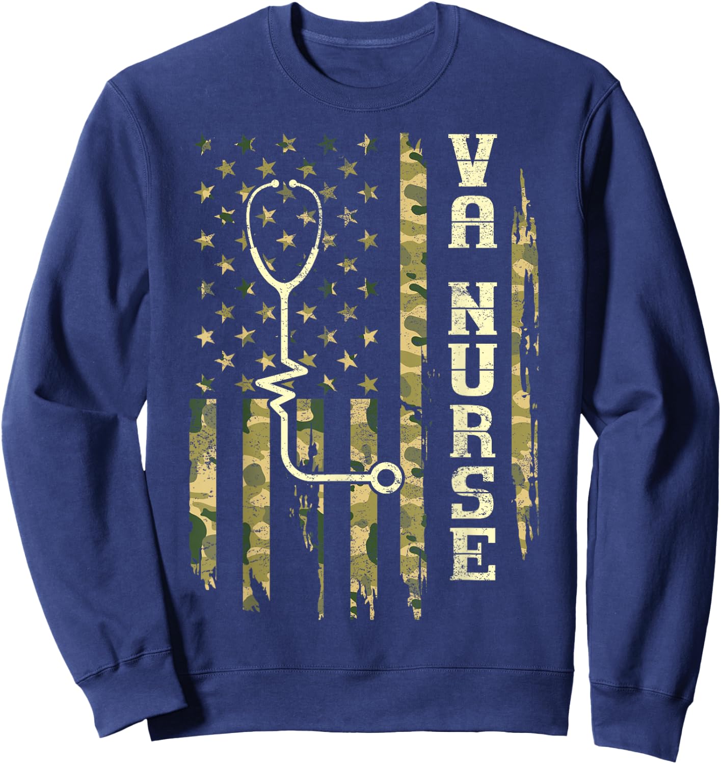 VA Nurse Camouflage American Flag Patriotic Medical Worker Sweatshirt - Sweatshirt | Navy