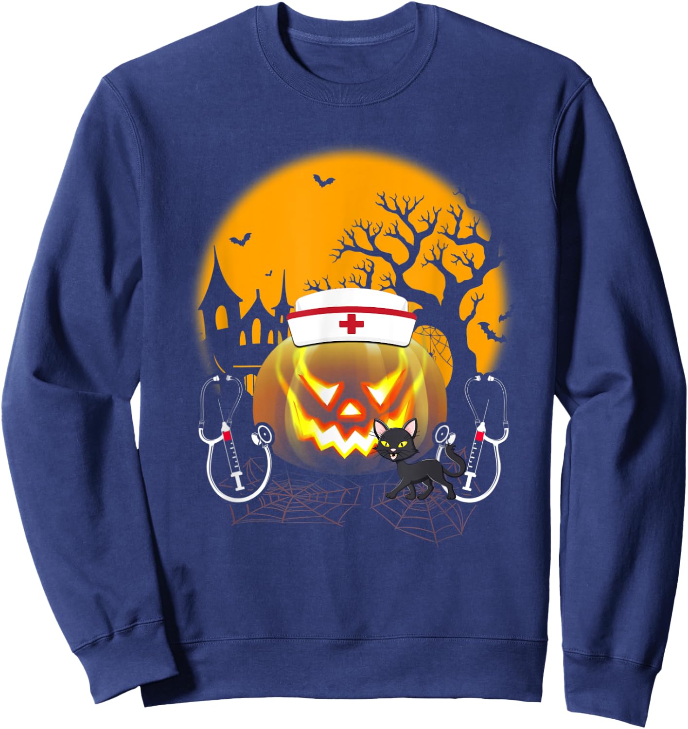 Funny Cute Nurse Costume Halloween Stethoscope Pumpkin Gift Sweatshirt - Sweatshirt | Navy